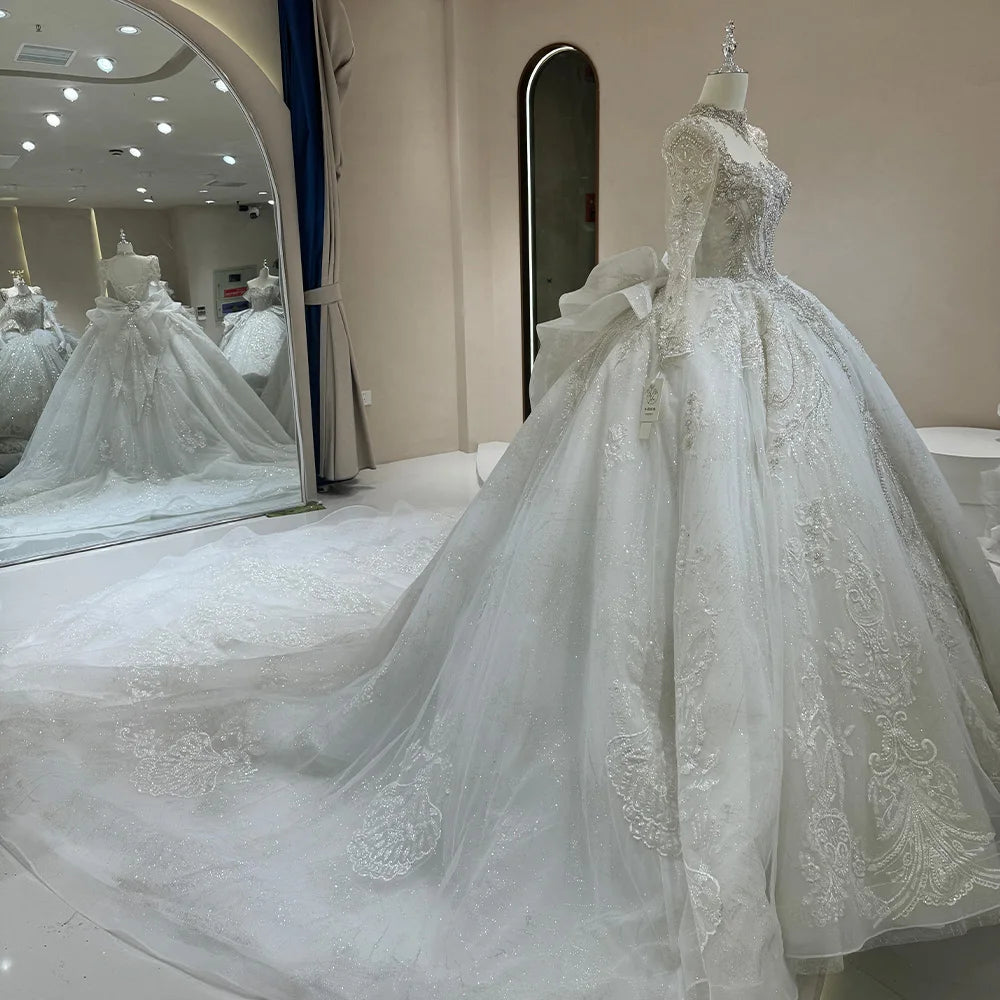 Elegant White Long Sleeve Wedding Dress with Court Train & Lace Up Back - Perfect for Bridal, Formal Events & Romantic Photos