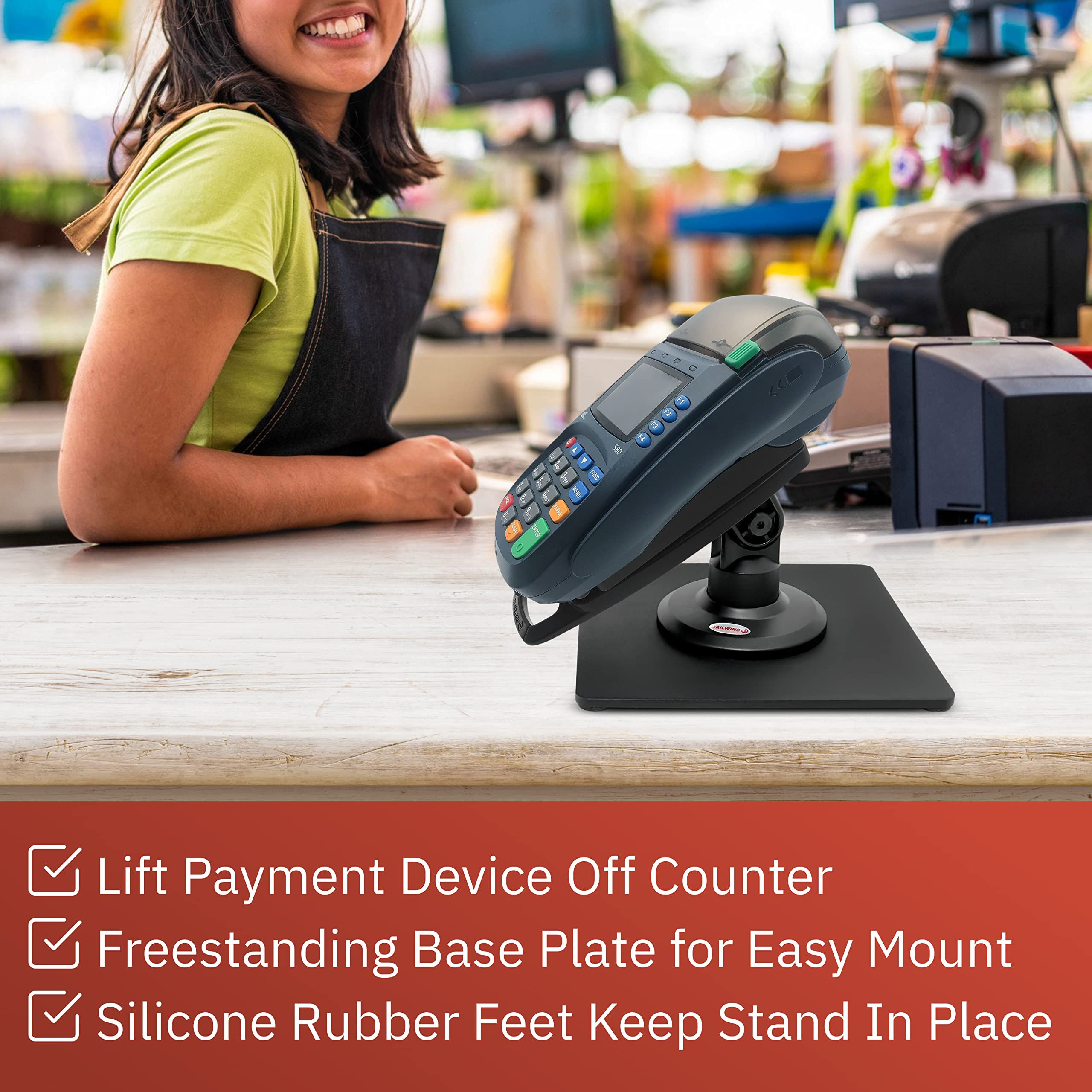 ENS Tailwind Pax S80 3-Inch Latch & Key Lock Compact Pole Mount Terminal Stand with Square Freestanding Base - Black | Secure Payment Kiosk for Retail Stores, Gas Stations & Outdoor Use
