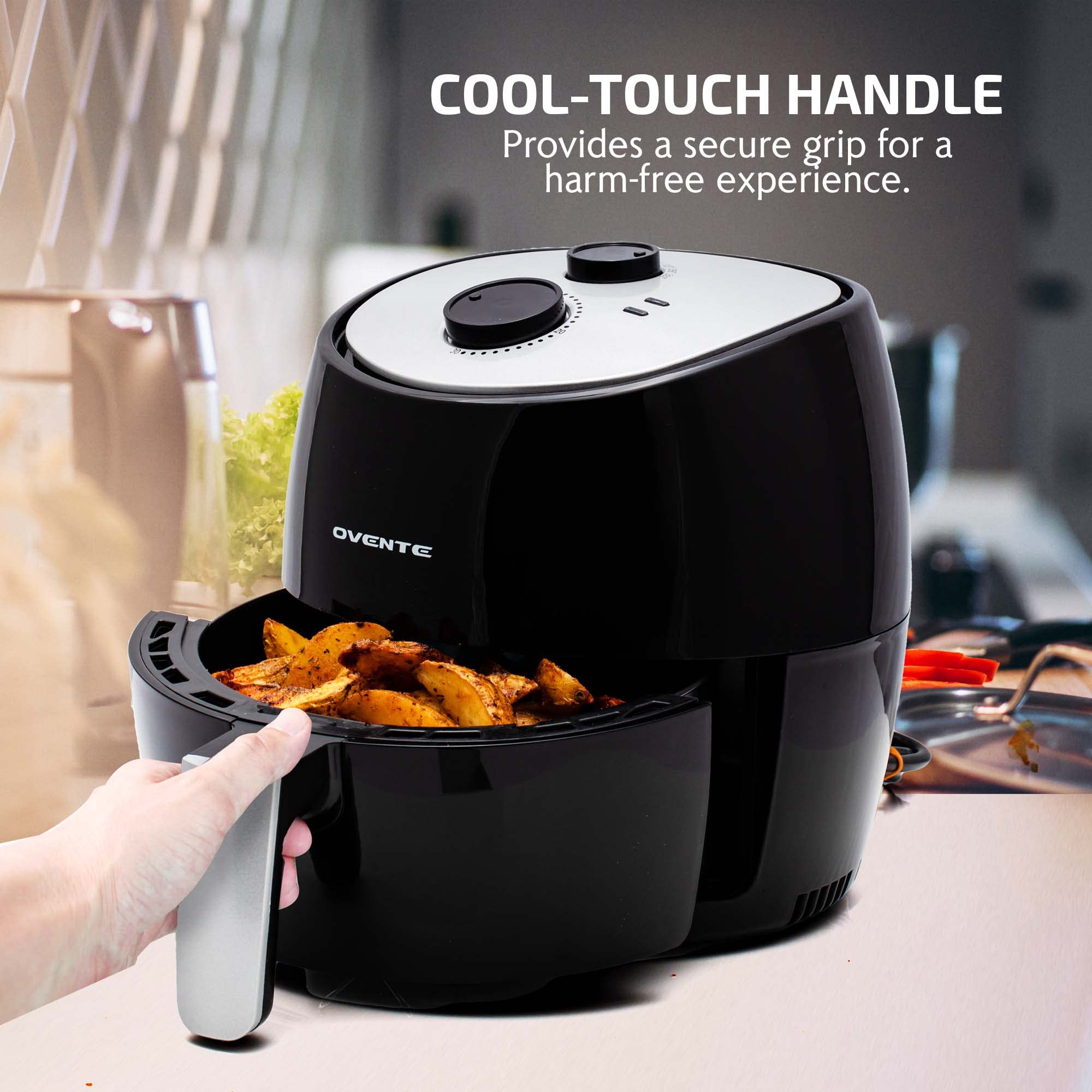OVENTE 3.2 Qt Compact Air Fryer - 1300W Oil-Free Healthy Cooking, Nonstick Dishwasher Safe Basket with Adjustable Temp Control, 30-Min Timer & Auto Shutoff (Black) - Perfect for Small Kitchens, Dorms & Quick Meals