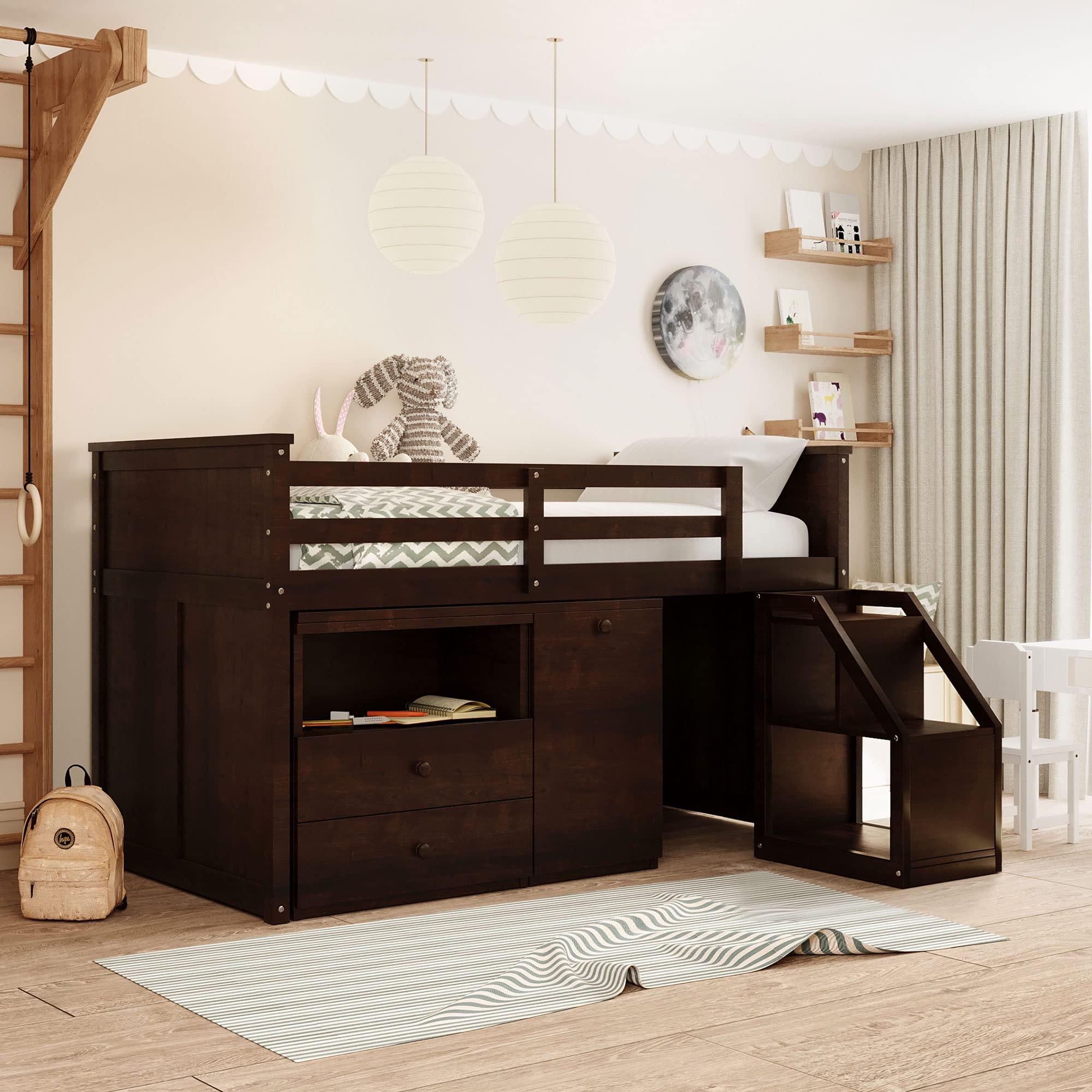 Twin Size Wooden Loft Bed with Storage Steps & Portable Desk - Low Study Loft Bed Frame for Teens & Small Spaces - Espresso & Natural Wood Finish - Perfect for Dorm Rooms, Kids Bedrooms & Studio Apartments