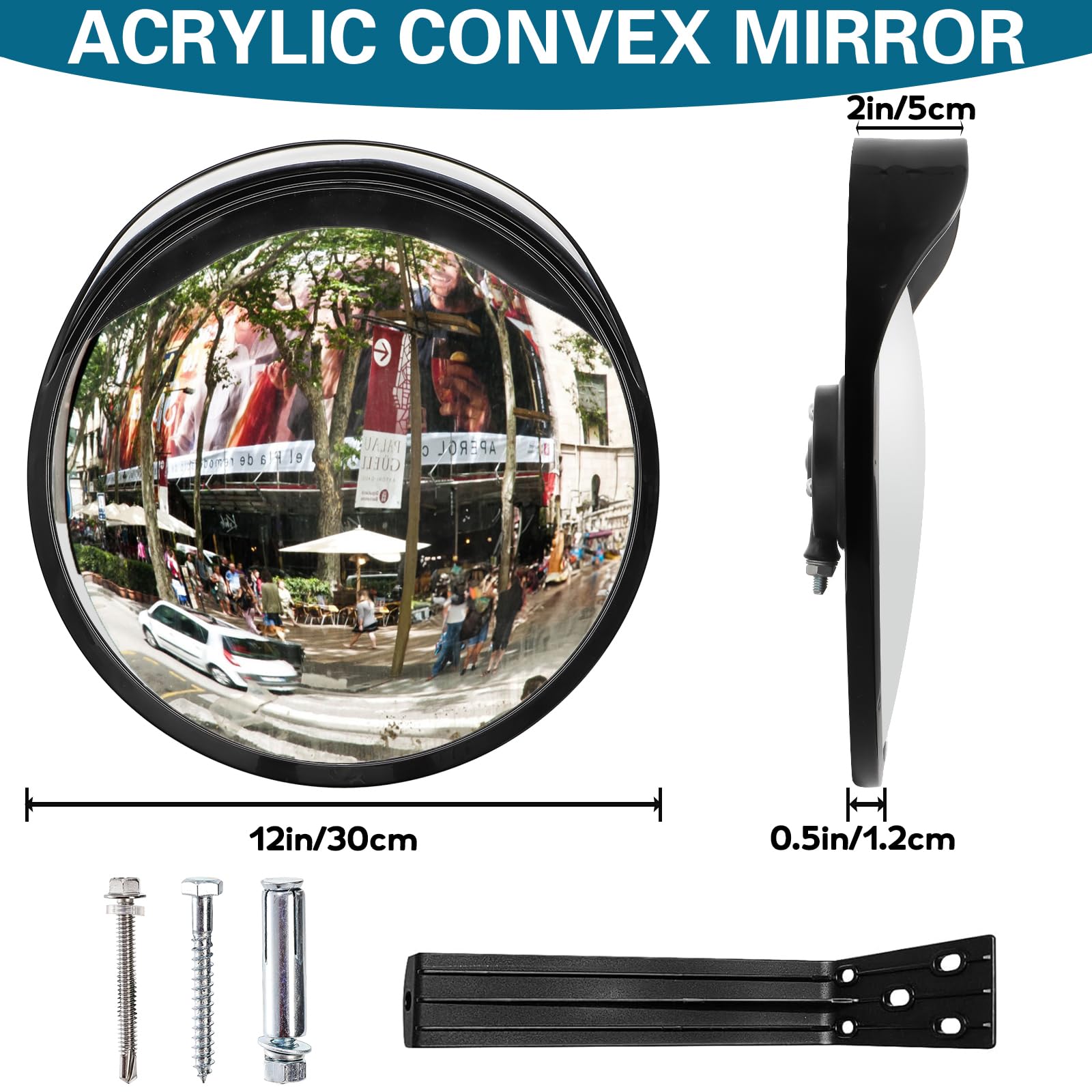 YOUEON 12 Inch Acrylic Convex Mirror - Wide Angle Security Mirror for Garage, Driveway, Parking Lots, Store & Warehouse - Adjustable Round Traffic Mirror for Indoor/Outdoor Use - Eliminates Blind Spots & Enhances Safety