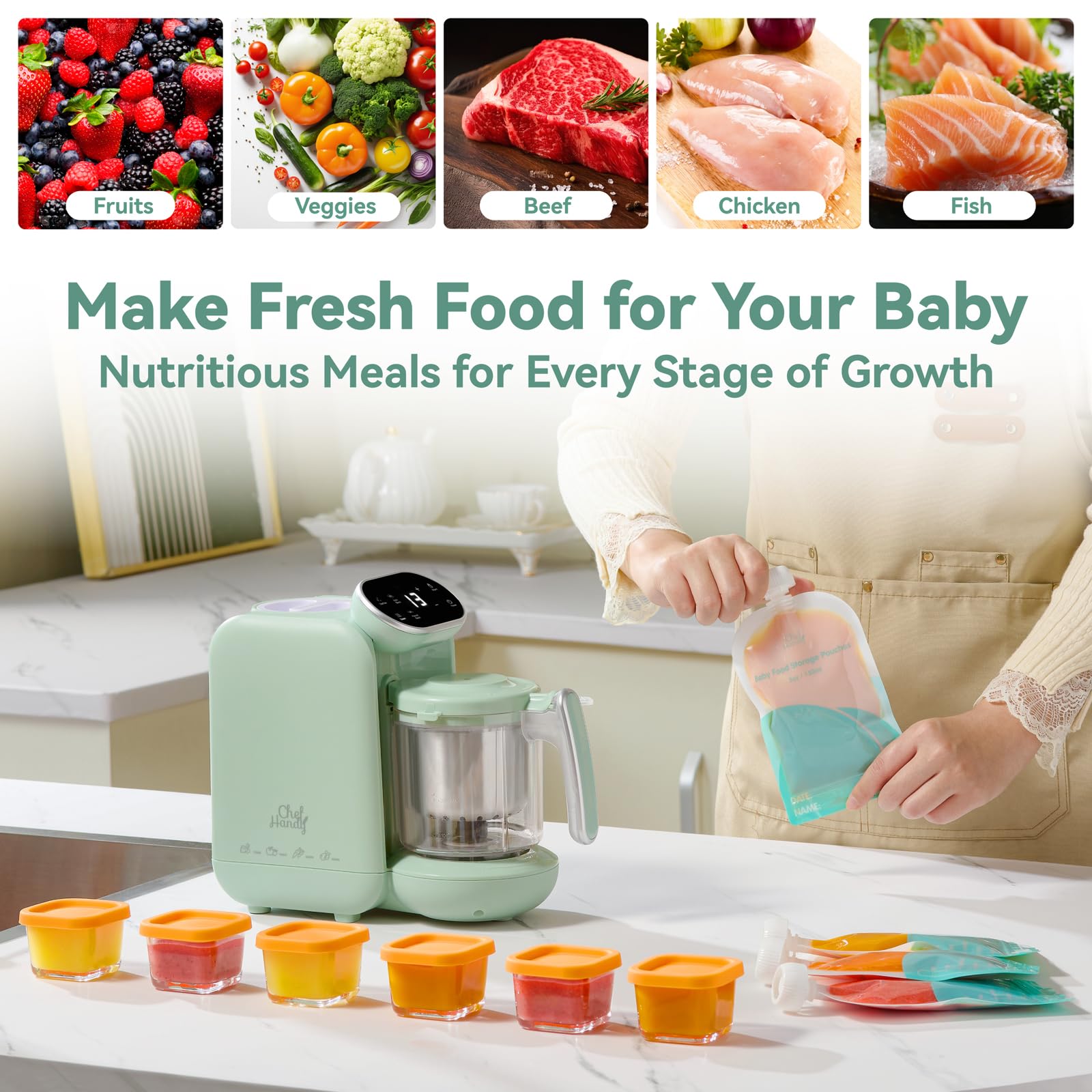 5-in-1 Baby Food Maker with Steaming Basket - Auto Cook & Grind Touch Screen Steamer Blender for Homemade Puree - Perfect for Making Healthy Baby Food at Home (Green)
