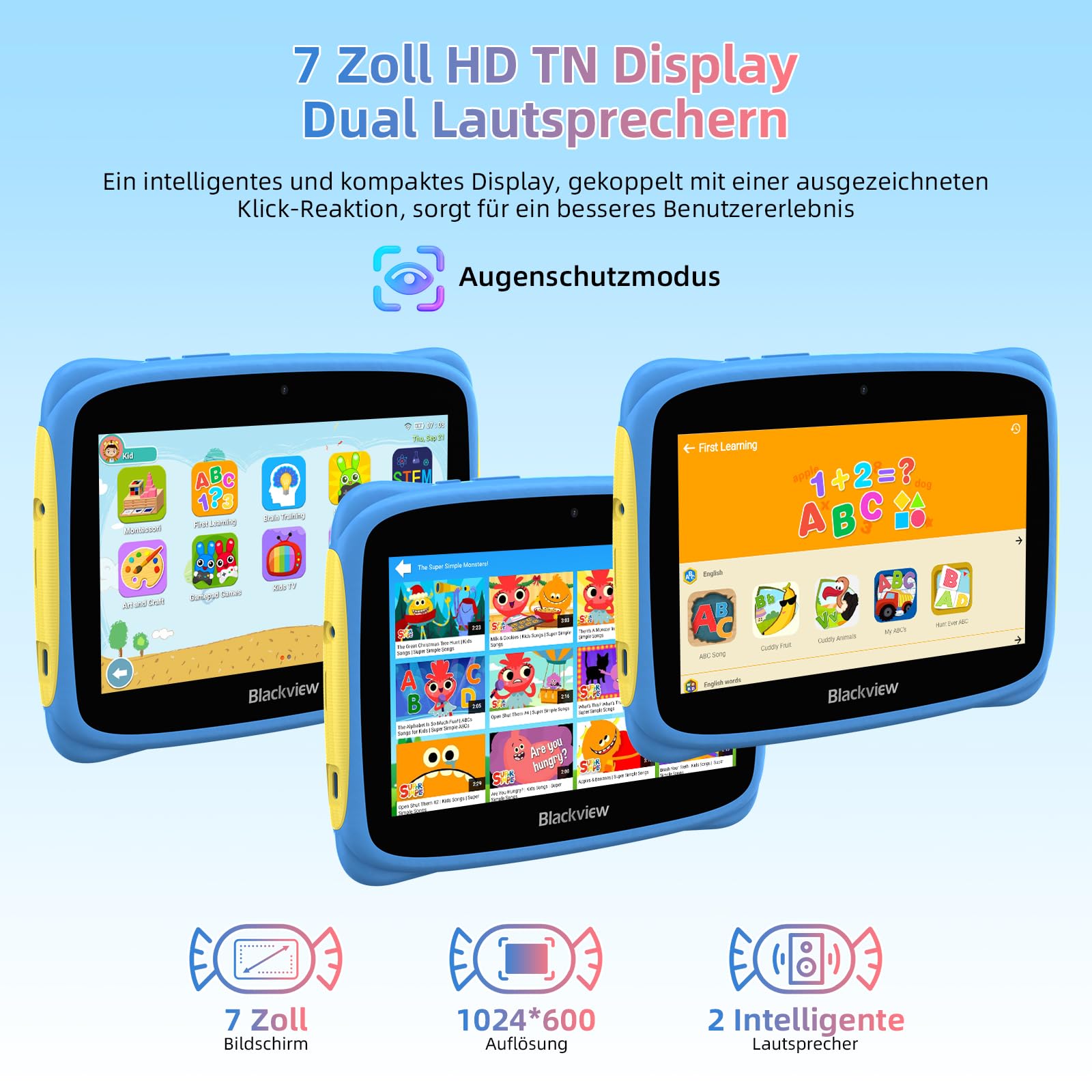 Blackview Kinder Tablet 7 Inch - Android Kids Tablet for Ages 6+ with Educational Games, 4GB RAM 32GB Storage, WiFi, Dual Cameras, GMS Certified, Shockproof Case, Parental Controls - Perfect for Learning, Entertainment & Travel