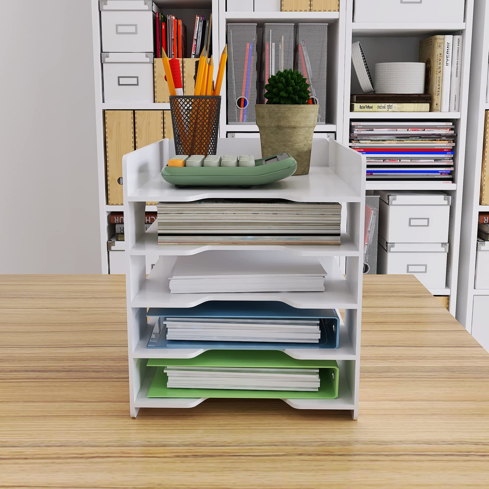 5-Tier White Paper Organizer for Desk - File Holder, Mail & Letter Tray, Document Sorter - Office, Home, School & Classroom Storage Solution for Notebooks, Documents & Stationary