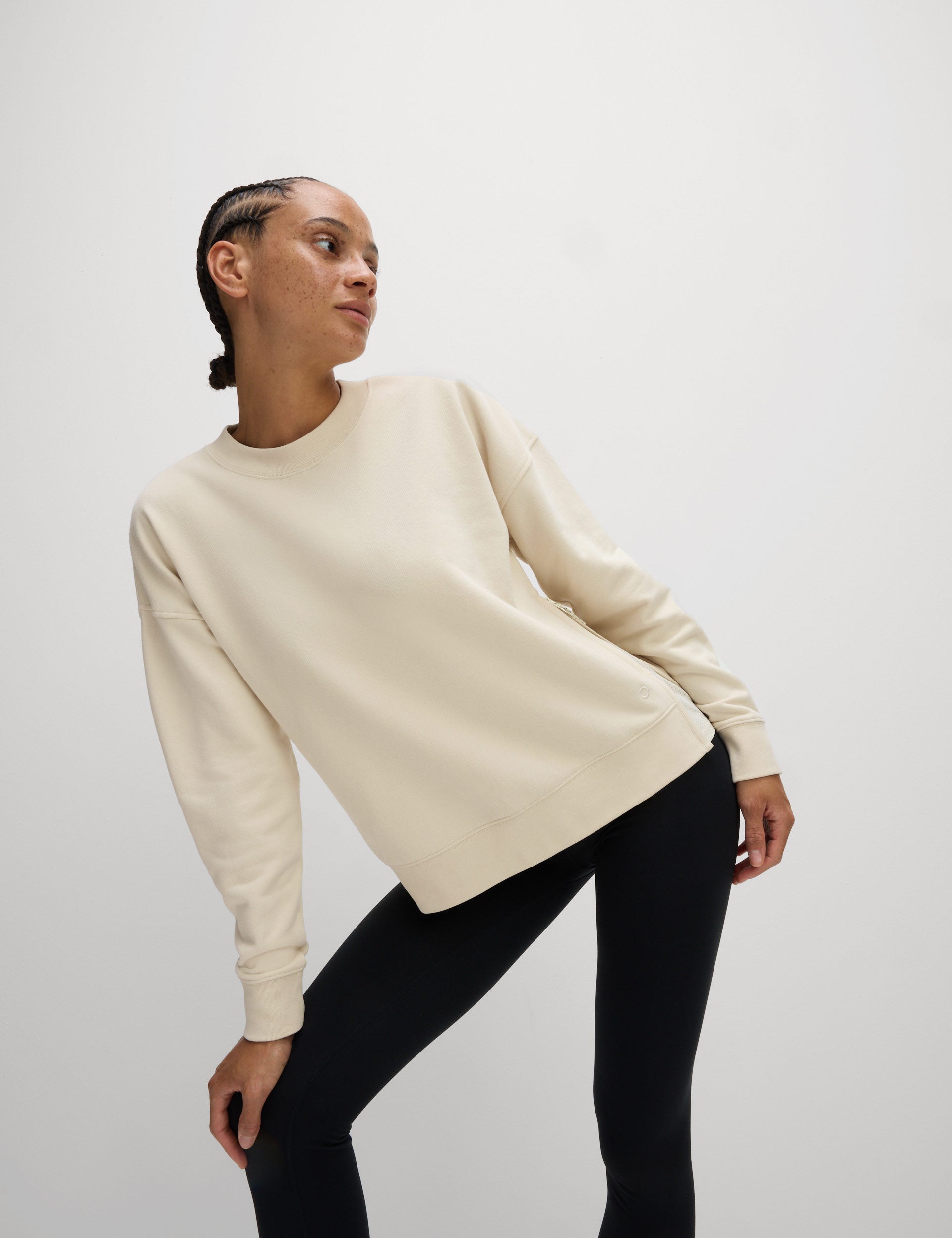 Premium Cotton Blend Mesh Panel Relaxed Sweatshirt for Women - Soft Ivory Pullover | Casual Wear, Lounge, Gym & Street Style Fashion