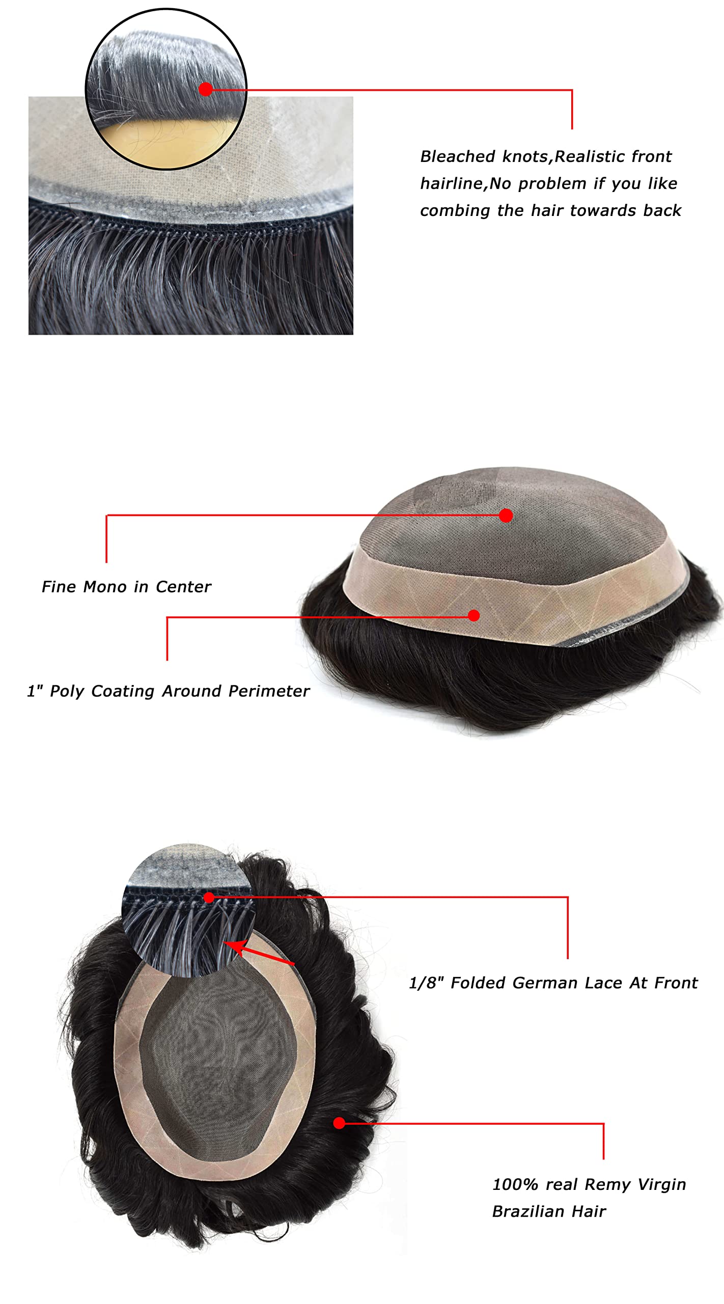Premium Men's Toupee - 100% Human Hair Replacement System - 6