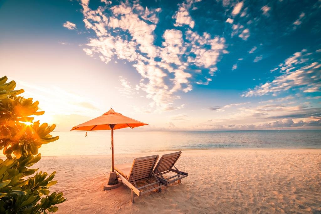 Premium Beach Chairs with Umbrella Wall Art Print - Stunning Maldives Beach Photo - 36x24 Inch Coastal Decor for Living Room, Bedroom & Office
