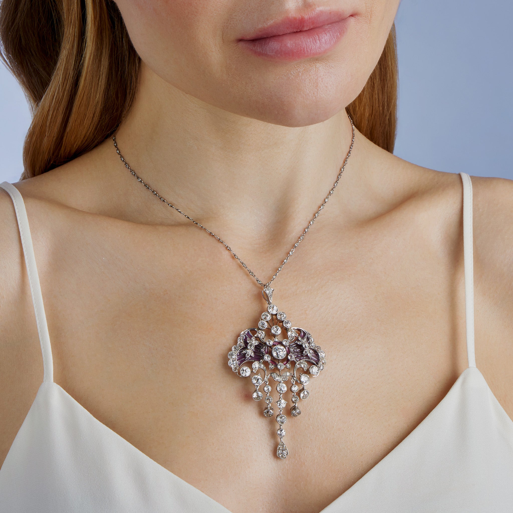 Exquisite Edwardian Diamond & Plique à Jour Enamel Pendant Necklace - Vintage Jewelry for Weddings, Anniversaries & Special Occasions