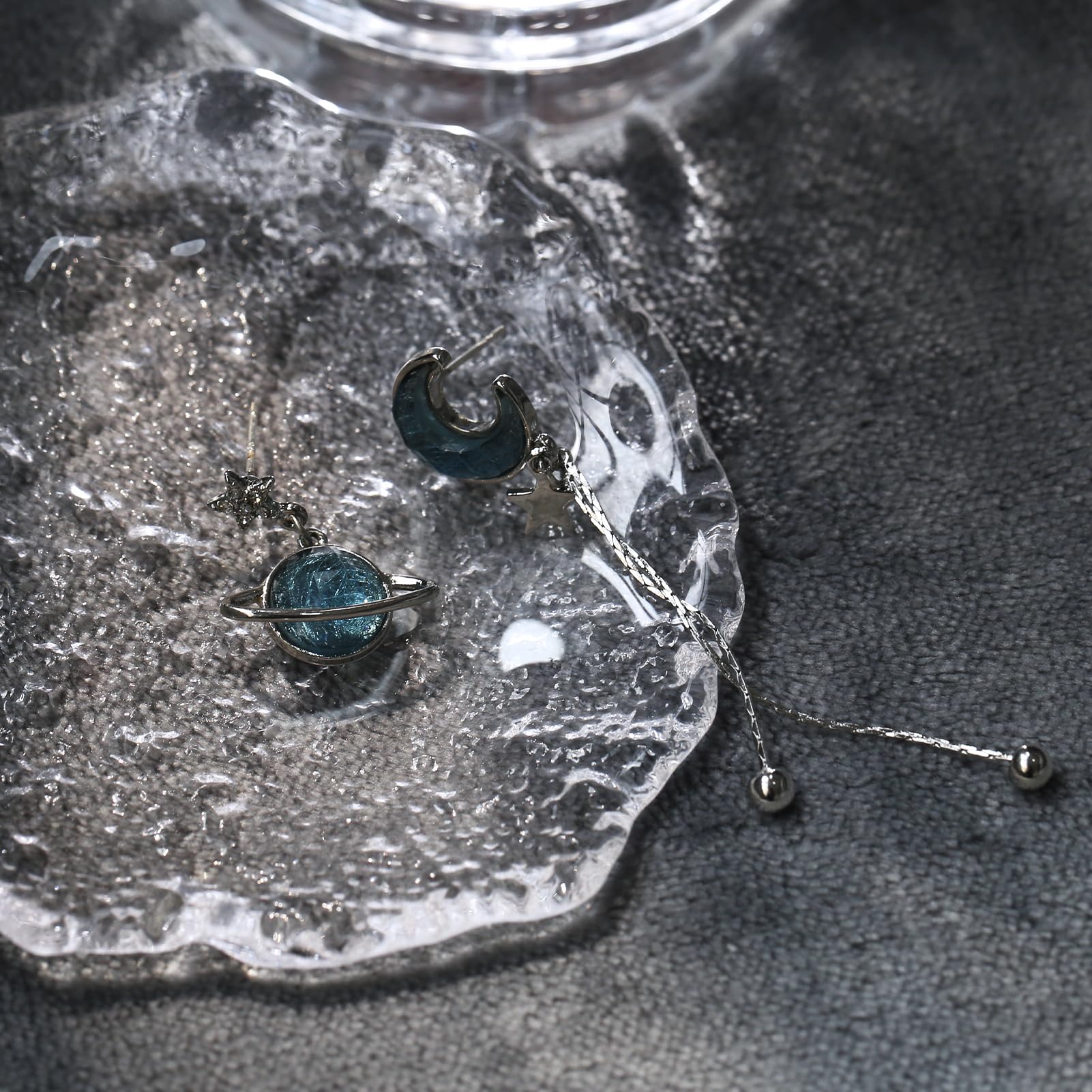 Blue Moon & Saturn Dangle Earrings - Asymmetric Space-Themed Moonstone & Rhinestone Star Earrings in 925 Sterling Silver | Women's Jewelry Gift for Parties, Date Nights & Special Occasions