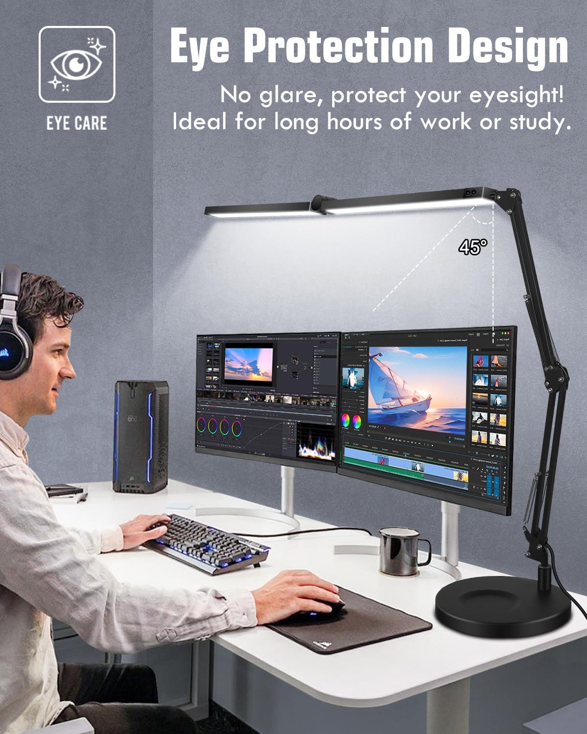 Toolour 2-in-1 LED Desk Lamp with Remote Control - Adjustable Double Head Architect Light with Clamp Base, Dimmable Memory Function for Home Office, Workbench, Darkroom & Computer Workspace Lighting