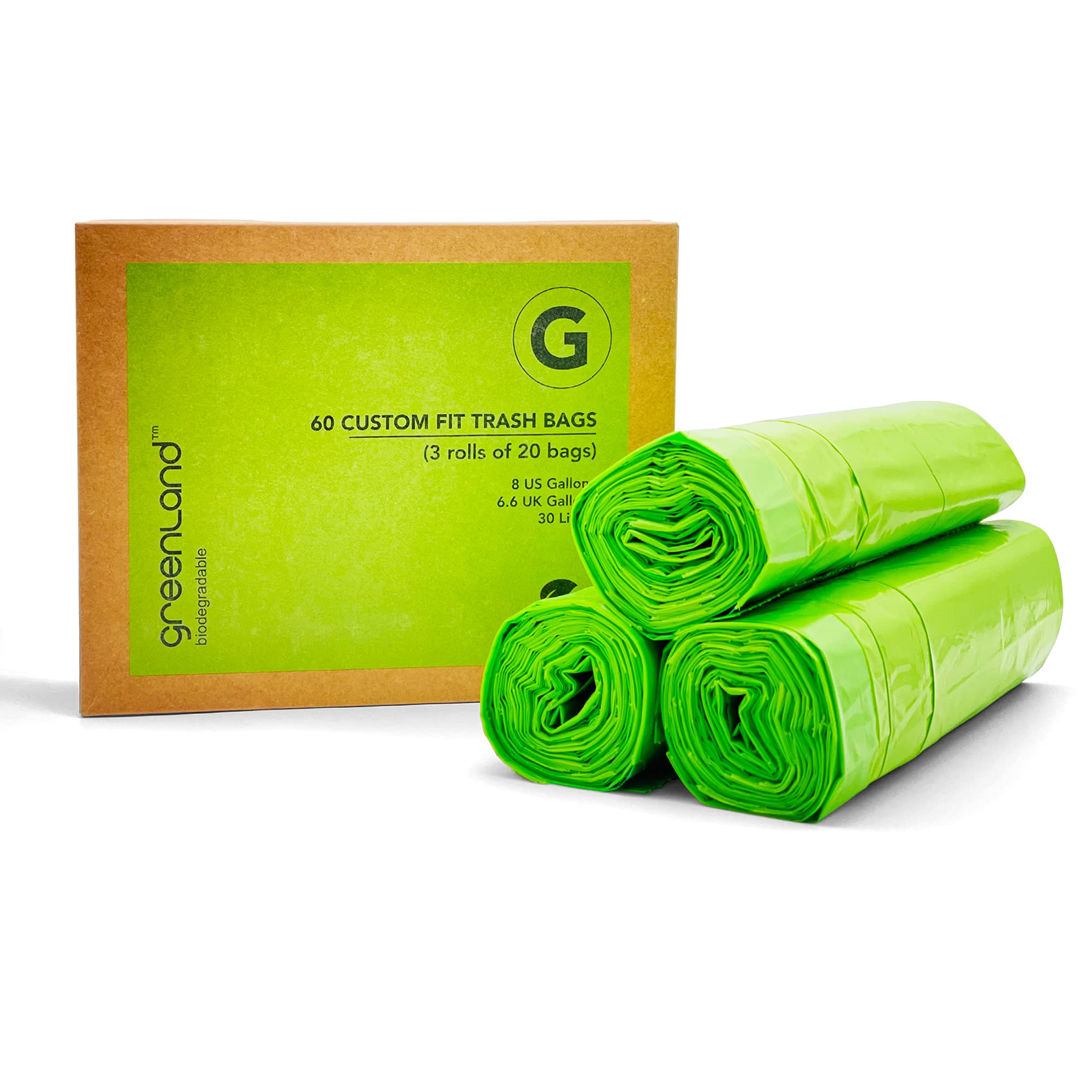 Greenland Biodegradable Trash Bags - 8 Gallon (60 Count) | Eco-Friendly Garbage Bags Compatible with Simplehuman Code G | Perfect for Kitchen, Bathroom & Office Waste Disposal
