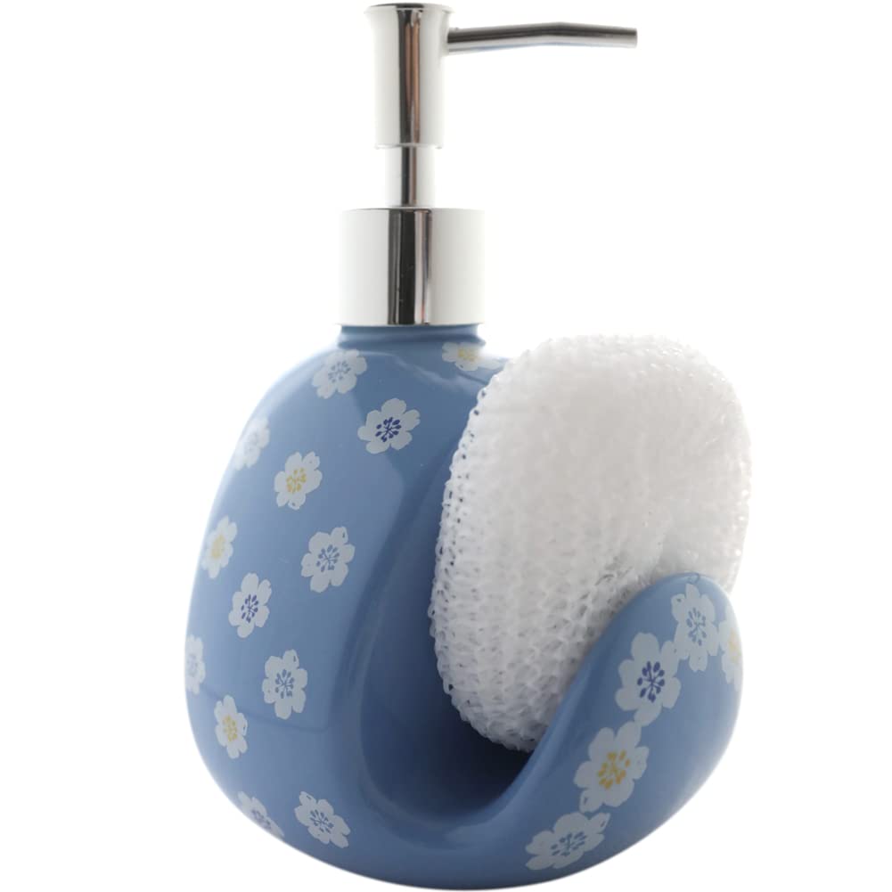 WAYUTO Ceramic Soap Dispenser with Sponge Holder - Hand Wash Liquid Pump Bottle for Kitchen Sink & Bathroom Decor - Blue Laundry Sanitizer Accessory Set | Perfect for Home, Office, and Restaurant Use
