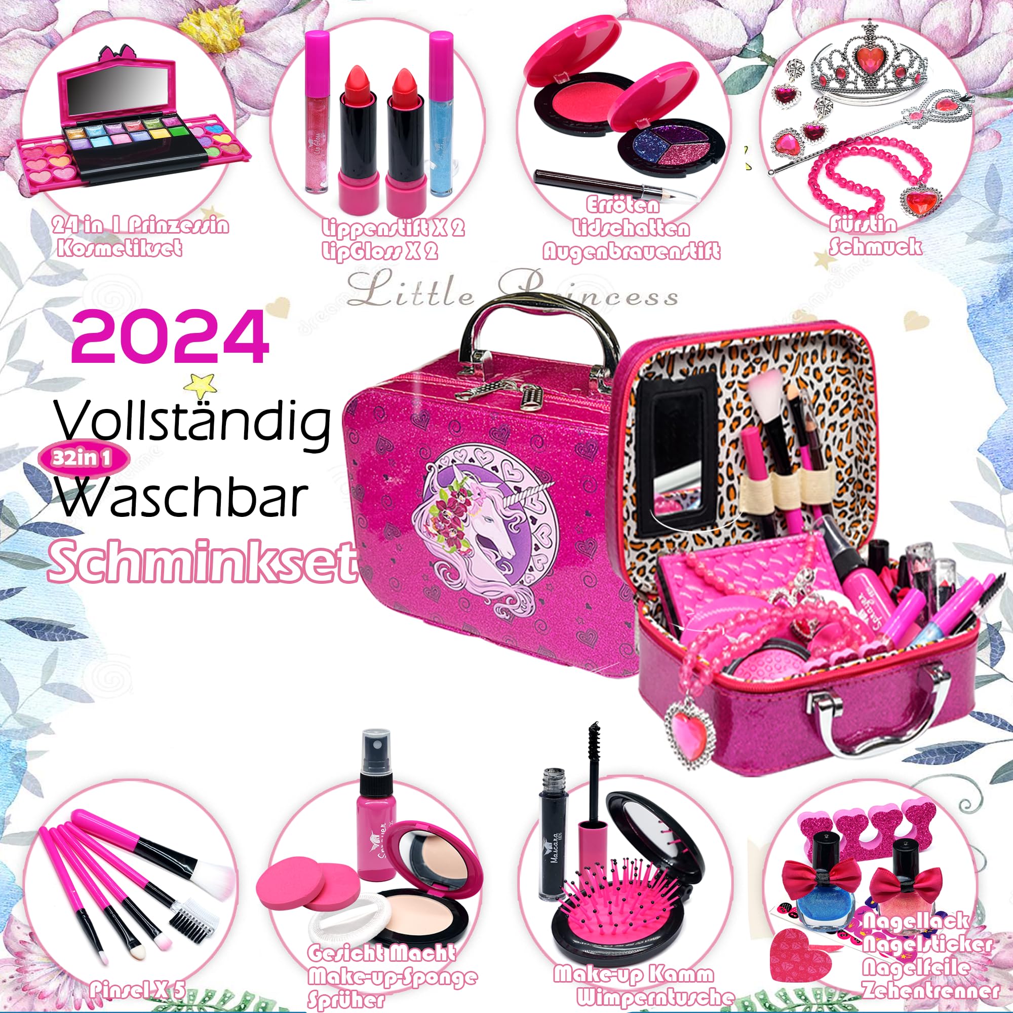 Amerrly Washable Makeup Kit for Girls - 32pc Unicorn Toys, Birthday & Christmas Gifts for Ages 4-12, Perfect for Play & Dress-Up