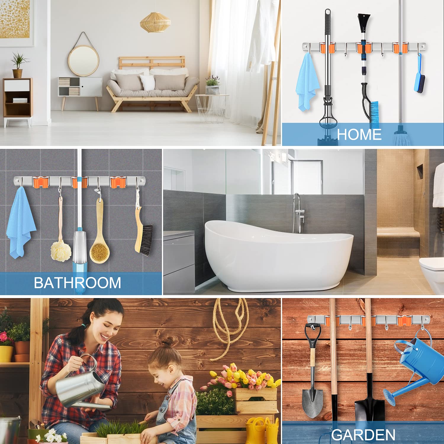 Wall Mounted Broom and Mop Holder with 3 Clamps & 4 Hooks - Space Saving Organizer for Kitchen, Garage, Bathroom, Laundry Room & Garden Storage - Perfect for Home Cleaning Tool Organization