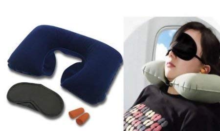 Tree Fit Memory Foam 3-in-1 Travel Pillow Set with Neck Support, Eye Mask & Ear Plugs - Comfortable Sleeping Kit for Airplane, Car, Train & Bus Travel - Unisex Blue for Adults & Teens - Perfect for Long Flights, Road Trips & Commuting