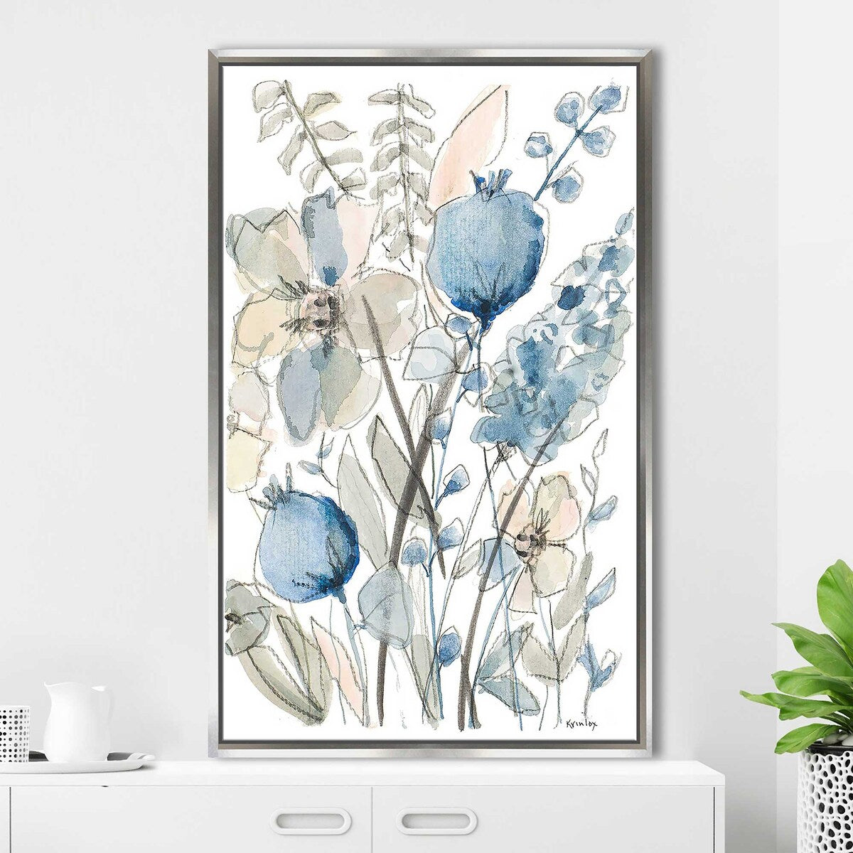Blue and White Floral Print Floating Canvas Wall Art - Elegant Home Decor for Living Room, Bedroom & Office