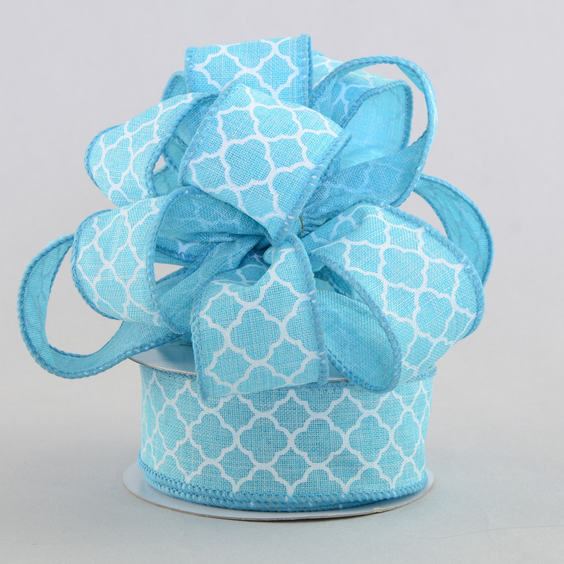 1.5 Inch Quatrefoil Ribbon - Turquoise and White Decorative Ribbon (10 Yards) for Gift Wrapping, Wedding Decorations, DIY Crafts and Party Favors