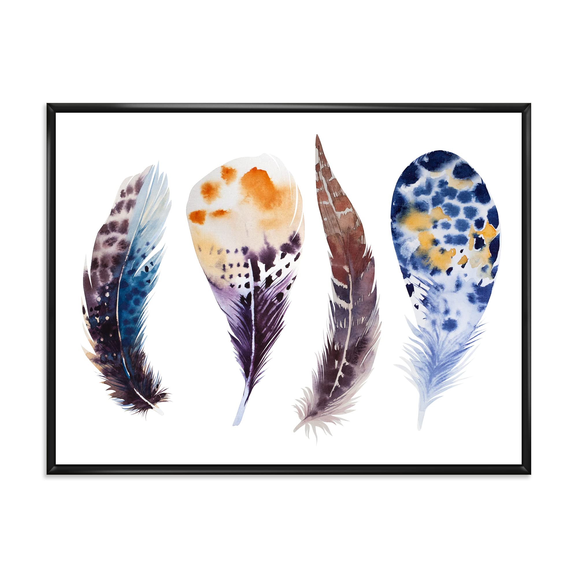 DesignQ Colorful Boho Feather Set VIII - Bohemian & Eclectic Framed Canvas Wall Art Print for Living Room, Bedroom & Office Decor