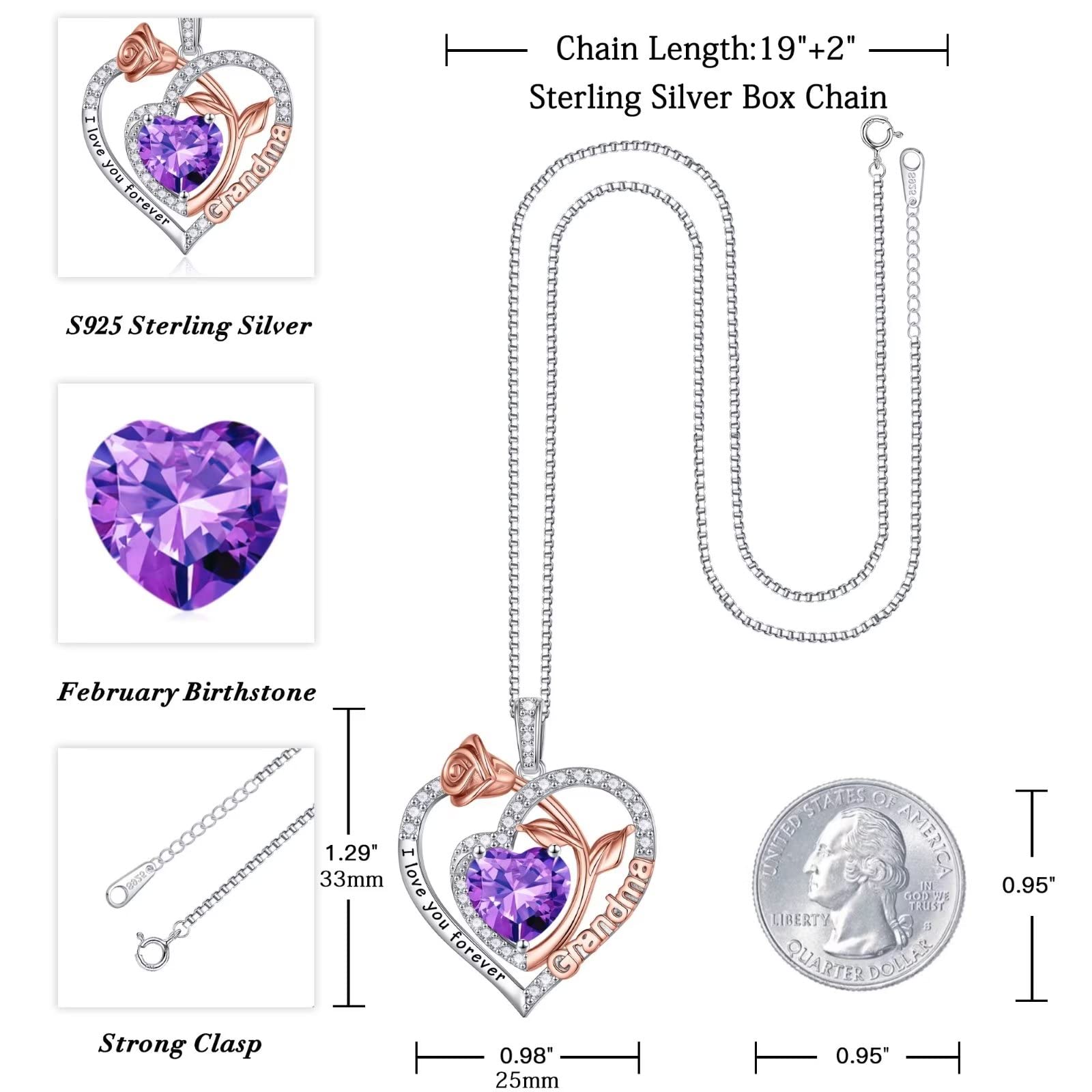 Birthstone Necklace for Grandma - 925 Sterling Silver Rose Heart Pendant, Personalized Gift for Mother's Day, Birthday, Christmas | Perfect for Nana, Mom, Grandma Jewelry & Special Occasions