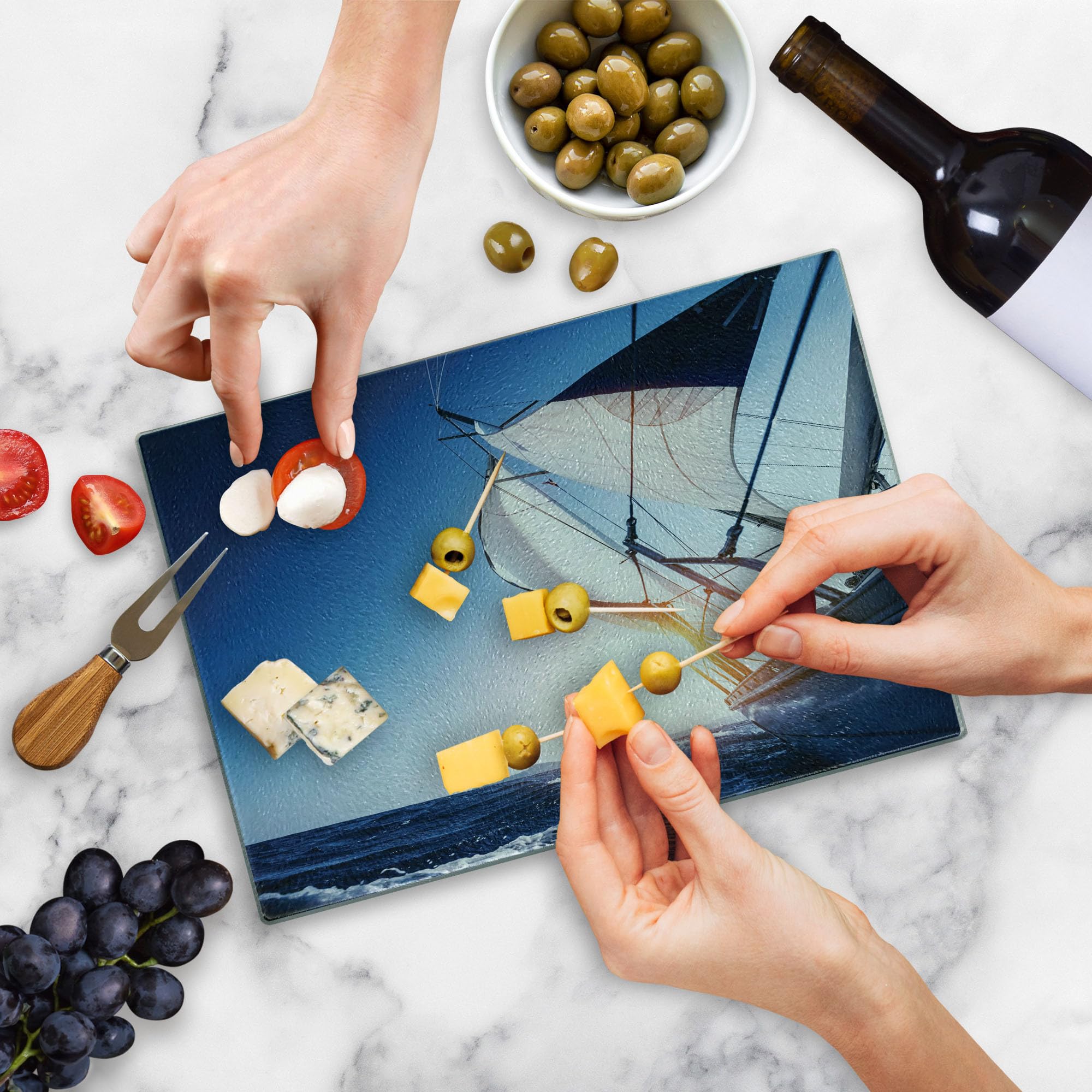 Ambesonne Sailboat Tempered Glass Cutting Board - Summer Adventure Sunset Print - Small White & Dark Blue Decorative Serving Board for Kitchen, Dining, and Party Use