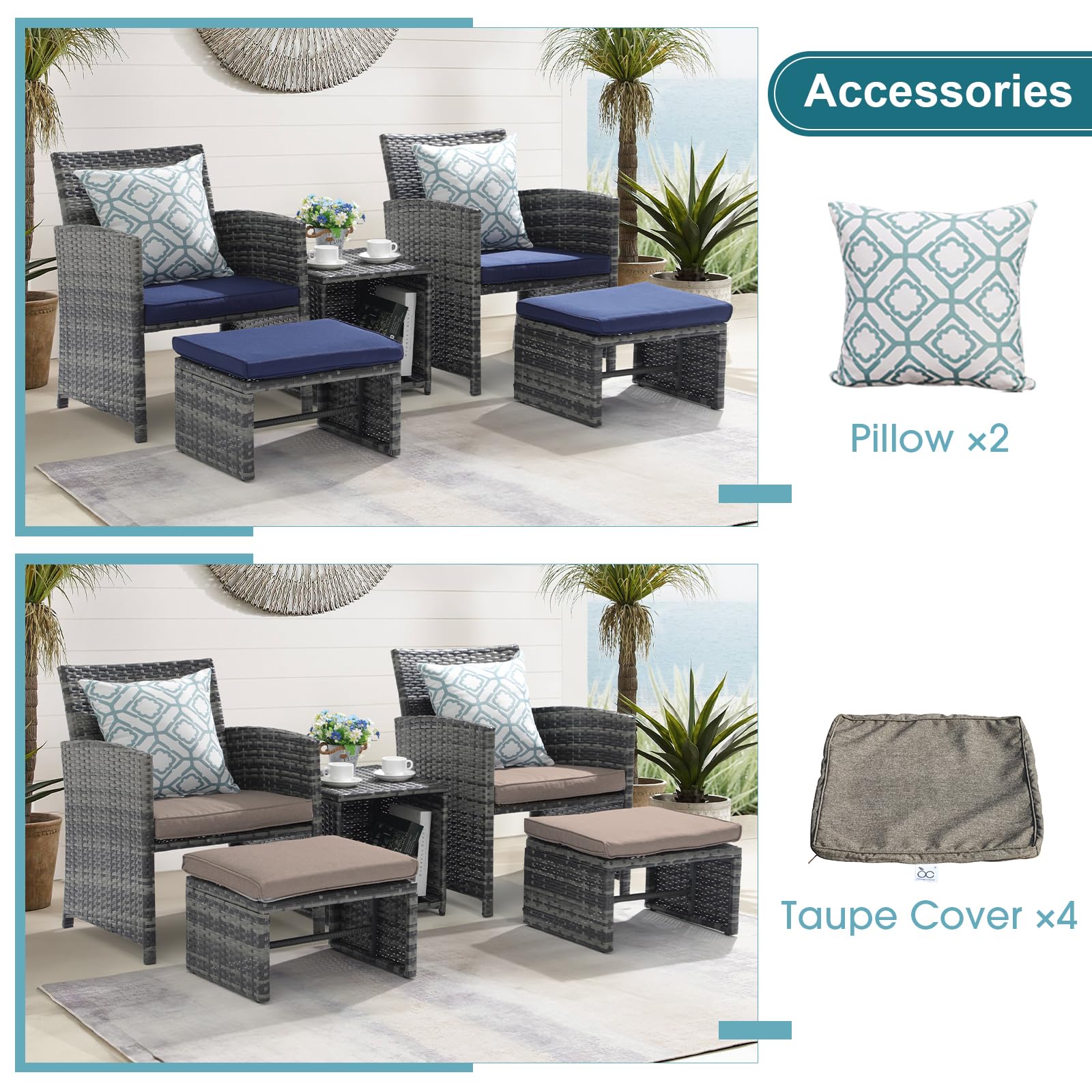 OC Orange-Casual 5-Piece Outdoor Patio Furniture Set - Wicker Conversation Chairs with Ottoman & Coffee Table - Includes Navy Blue Cushions - Perfect for Balcony, Porch, Deck & Backyard Relaxation
