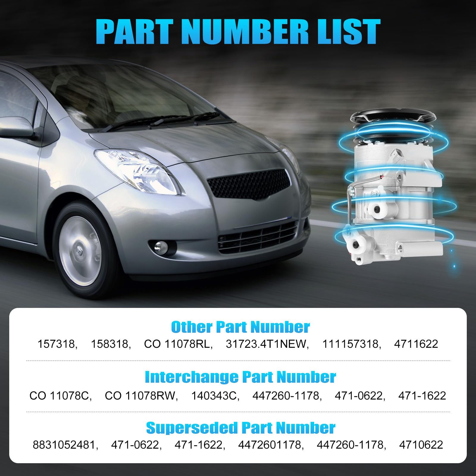 2007-2010 Toyota Yaris 1.5L Base Hatchback & Sedan AC Compressor with Clutch - Replacement Air Conditioning Assembly CO 11078C | Perfect for Summer Cooling & Automotive AC Repair