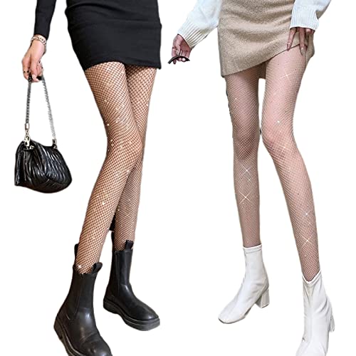2pcs Black & White Fishnet With Rhinestones