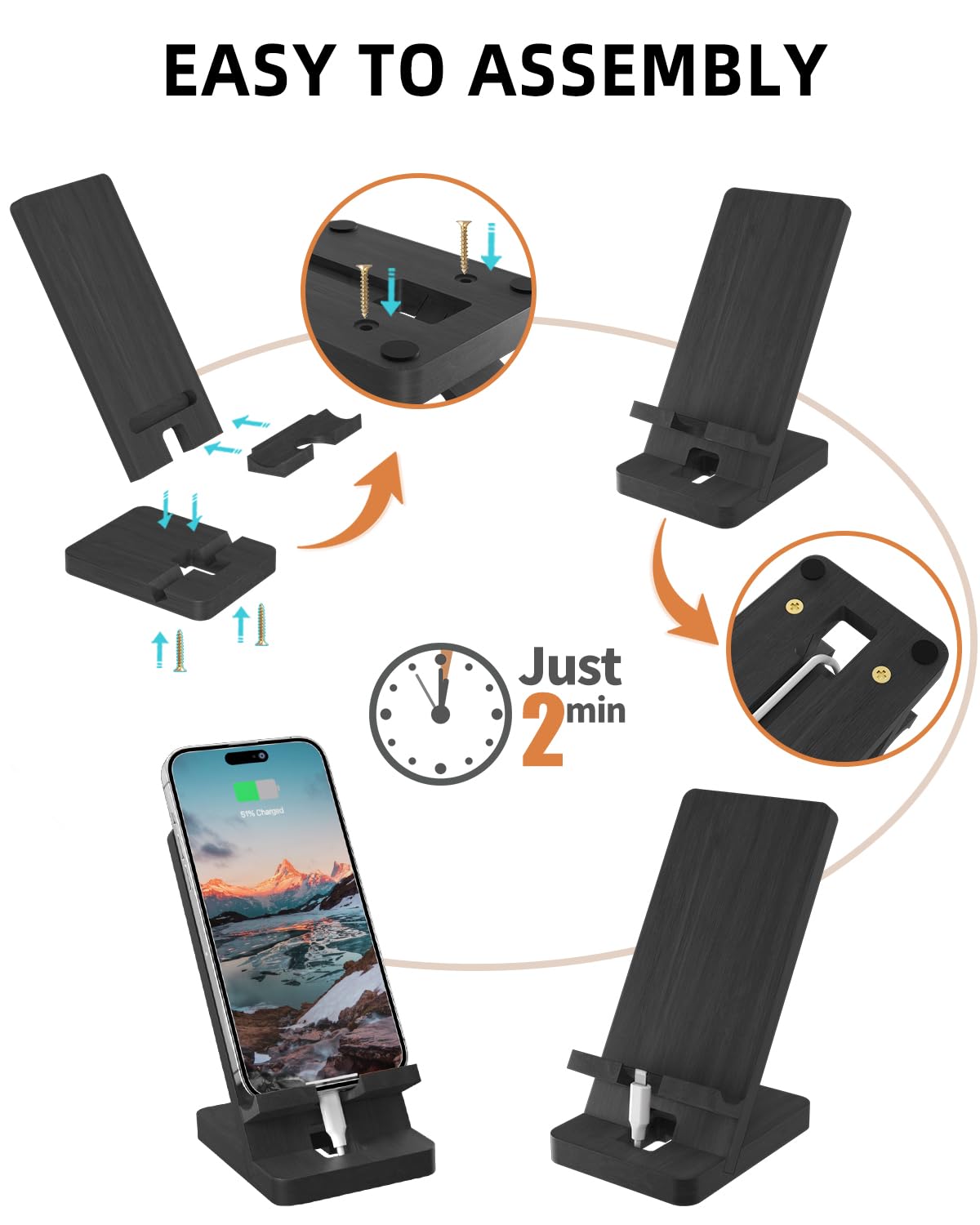 Portable Clear Phone Stand for Desk - Black | Universal Cell Phone Holder for Home, Office, and Car Use