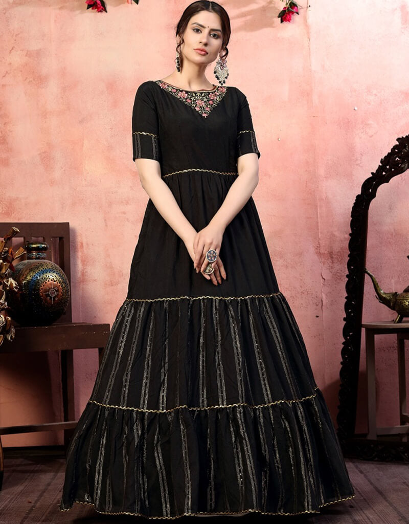 Elegant Black Anarkali Style Silk Gown for Women - Perfect for Weddings, Parties & Special Occasions