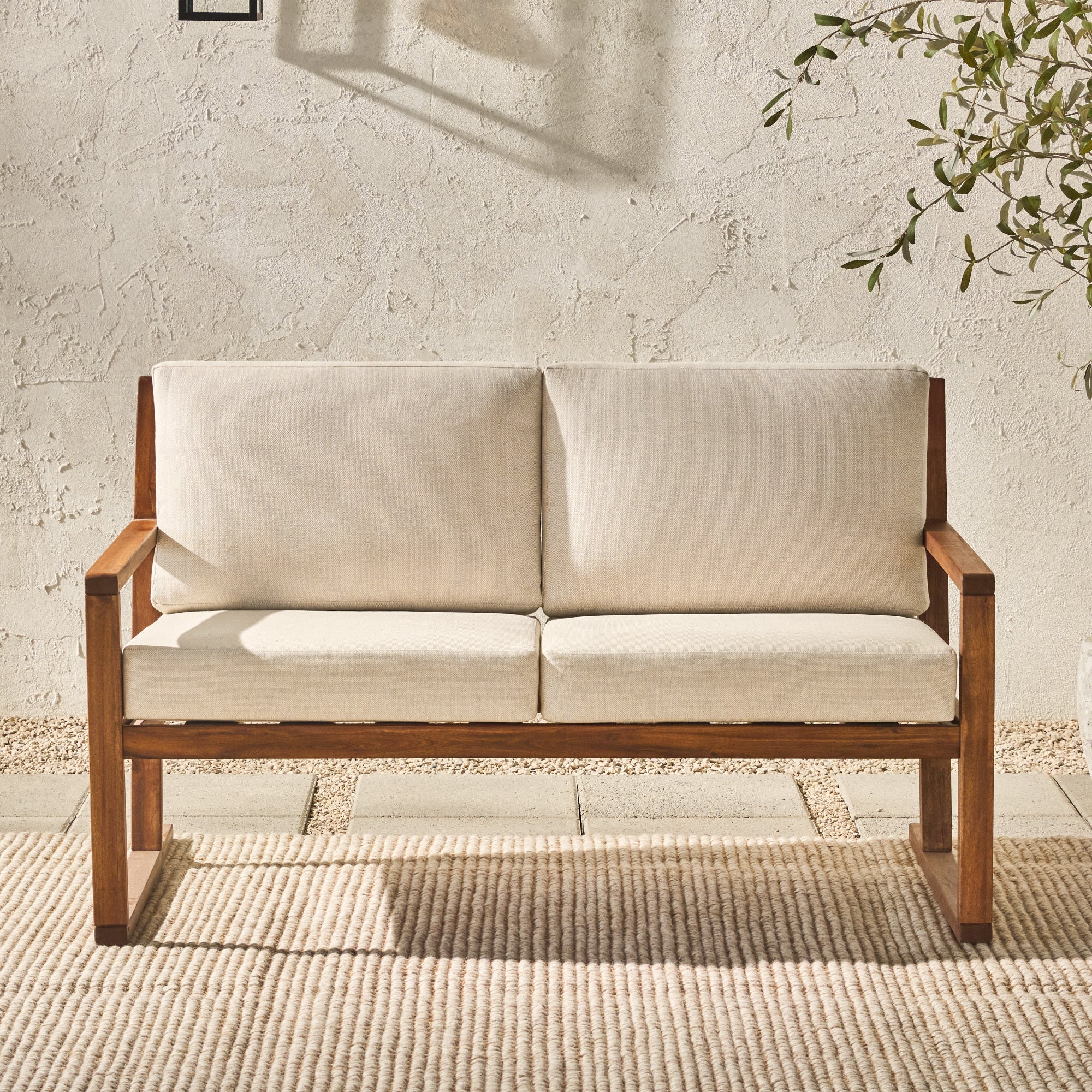 Modern Solid Wood Slat Back Patio Loveseat - Brown Outdoor Furniture for Garden, Deck, or Poolside Relaxation