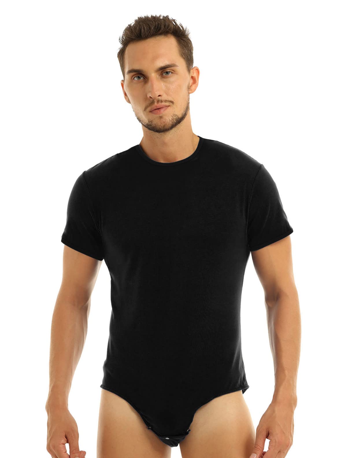 Renvena Men's Short Sleeve Button Crotch Bodysuit - Comfortable Undershirt Romper for Casual Wear, Workout & Layering