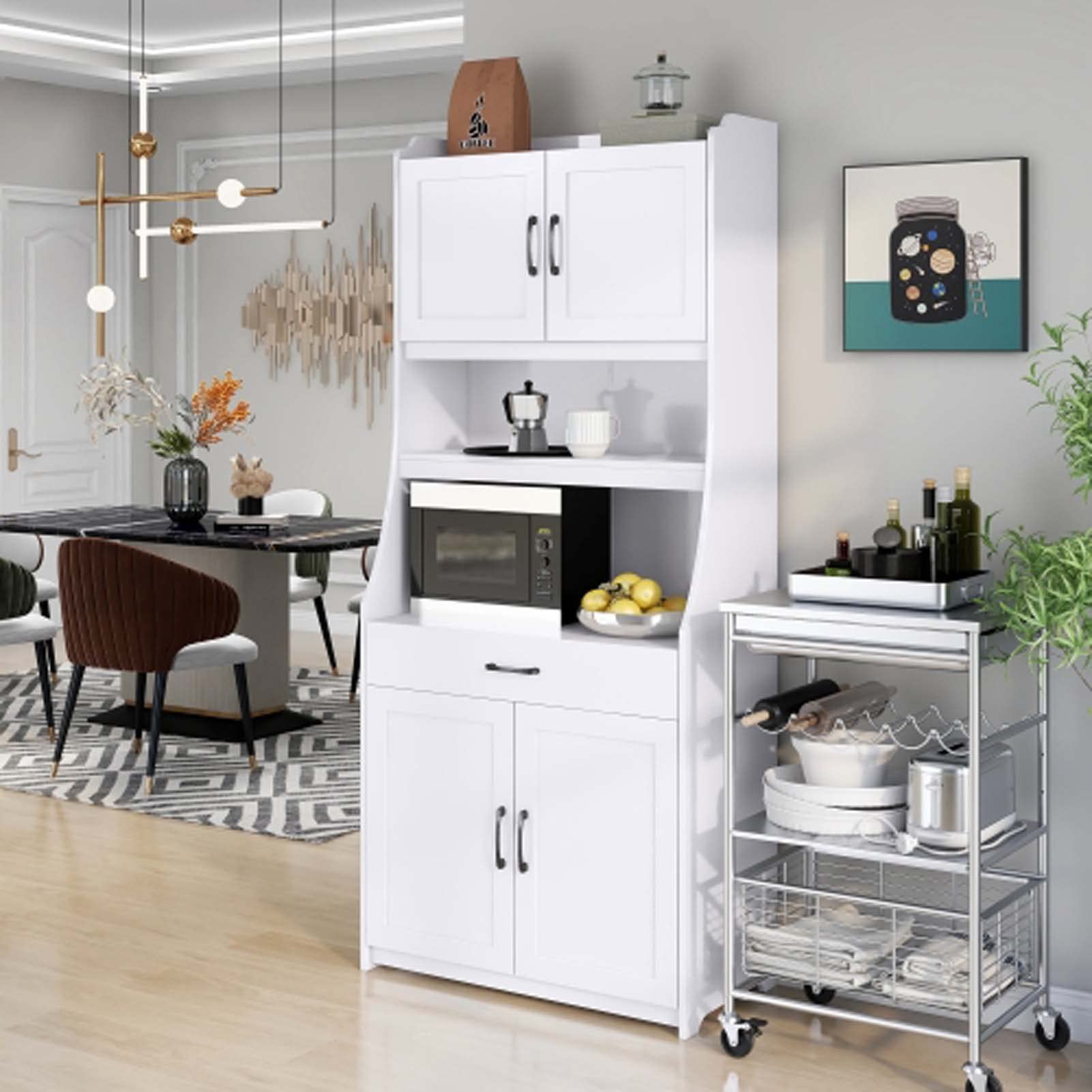 White Kitchen Pantry Storage Cabinet with Adjustable Shelves & Doors - Organize Spices, Dishes & Dry Food - Perfect for Kitchen, Living Room & Dining Room Storage