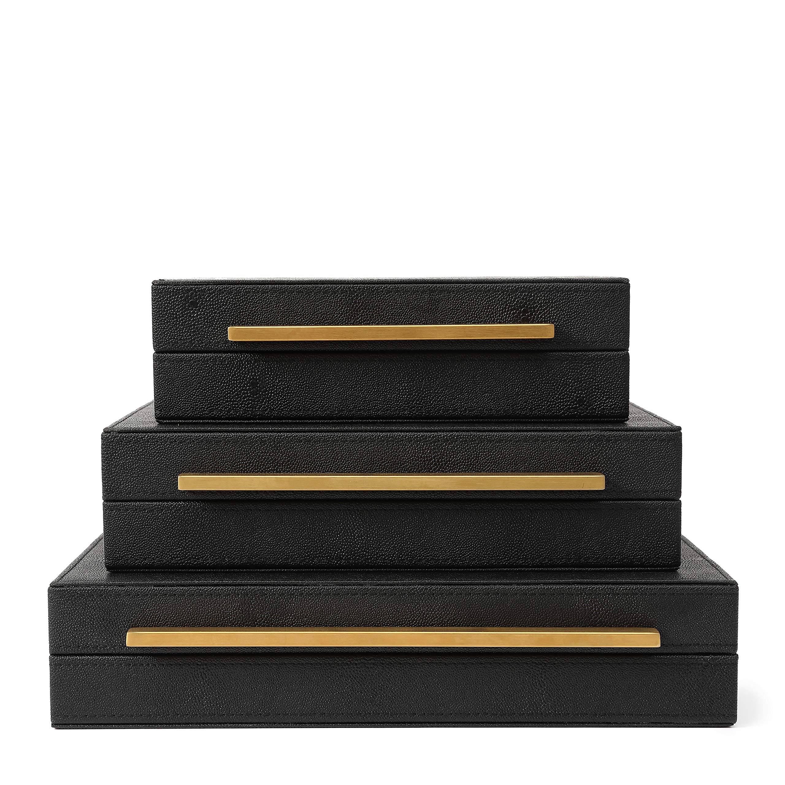 Kingflux Faux Black Shagreen Leather Decorative Storage Box Set - 3 Piece Jewelry & Accessory Organizer for Men & Women - Perfect for Dresser, Vanity, Nightstand & Home Decor (Black)
