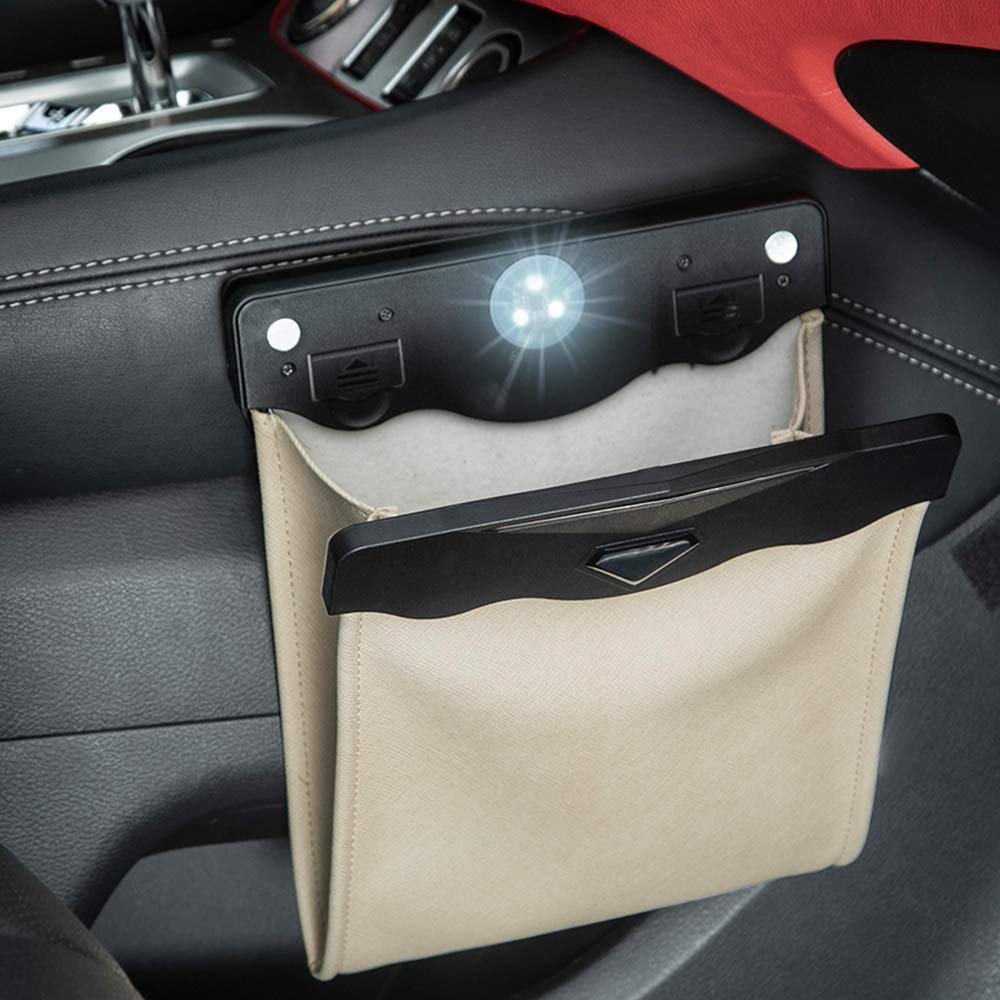 Smart LED Car Trash Can - Waterproof Leak-Proof Reusable Garbage Bag with Artificial Leather Storage Pocket for Passenger Side & Back Seat - Portable Travel & Office Waste Bin - Ideal for Road Trips, Commuting & Car Organization (Beige, 1 Pack)