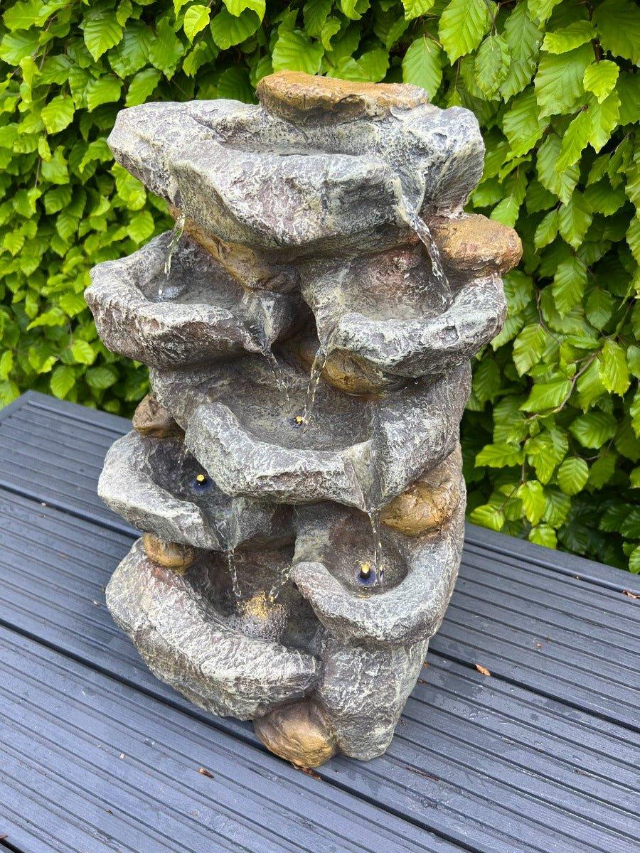 Solar Powered LED Rock Waterfall with 7 Water Bowls - 46x32x26 Inch Outdoor Garden Fountain for Patio, Yard & Landscape Decoration | Relaxing Water Feature with Natural Stone Design