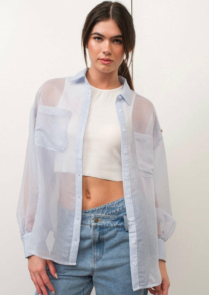 Sheer Striped Button Up Shirt for Women - Lightweight Summer Blouse with Long Sleeves - Perfect for Office, Casual Outfits and Beach Cover-Up