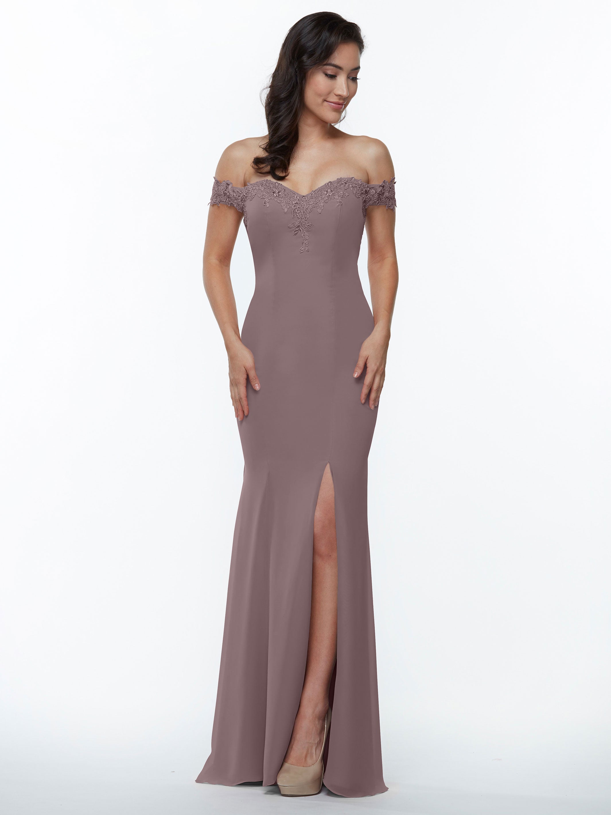 Elegant Off-the-Shoulder Lace and Chiffon Bridesmaid Dress 80121 - Perfect for Weddings, Formal Events & Special Occasions