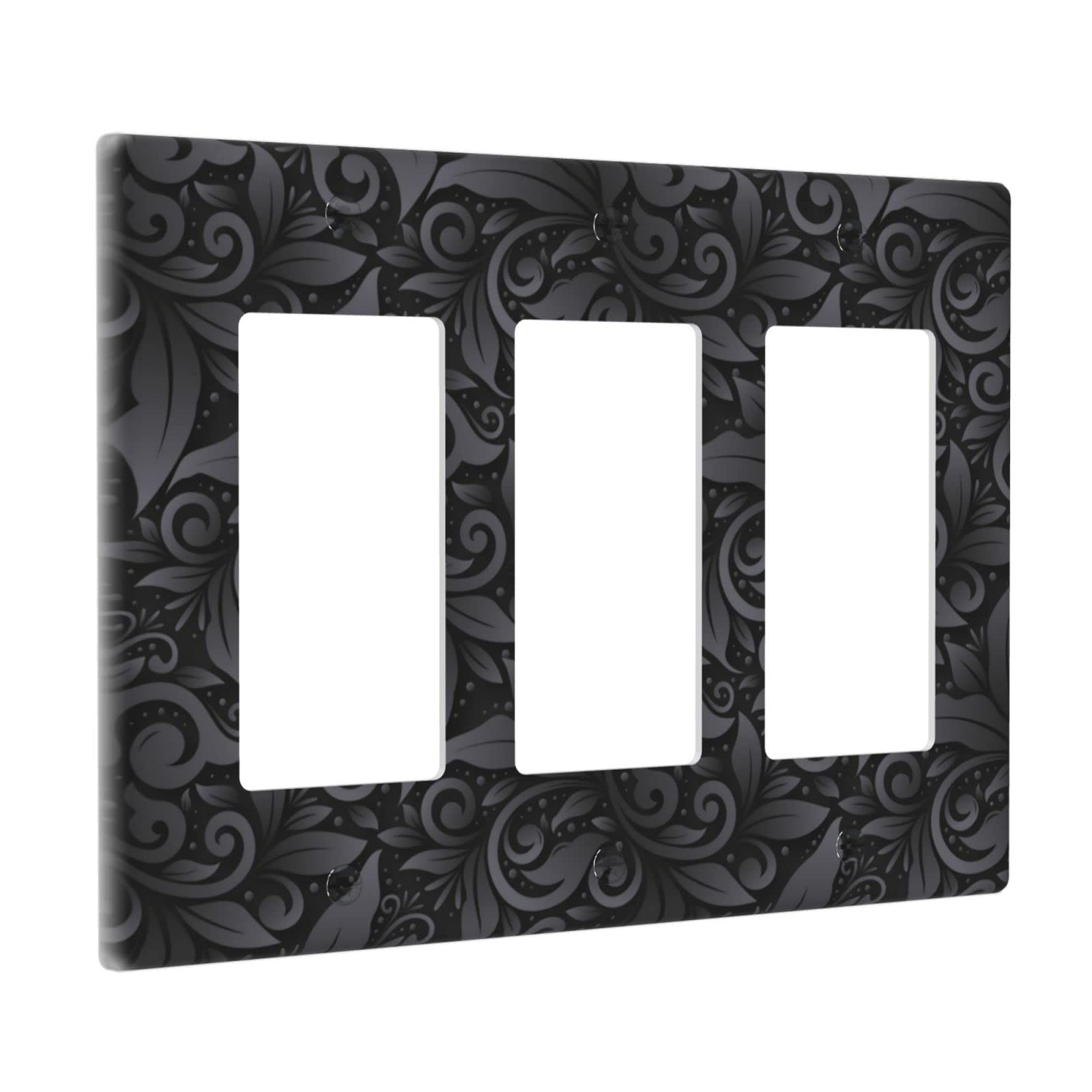 3D Floral Light Switch Cover - Black Decorative Wall Plate for Bathroom & Kitchen - 3 Gang Rocker Electrical Switch Plate - Standard Size 4.65