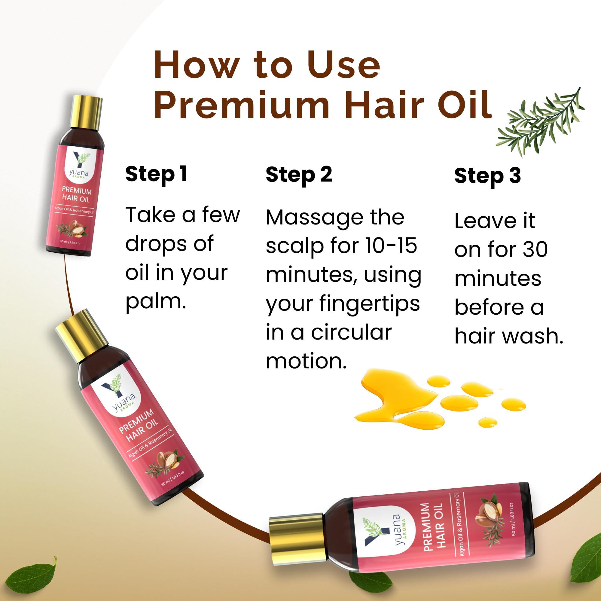 Yuana Aroma Premium Hair Growth Oil with Argan & Rosemary - 100% Natural Treatment for Hair Loss Control & Frizz Reduction (50ml) | Perfect for Daily Scalp Massage & Damaged Hair Repair
