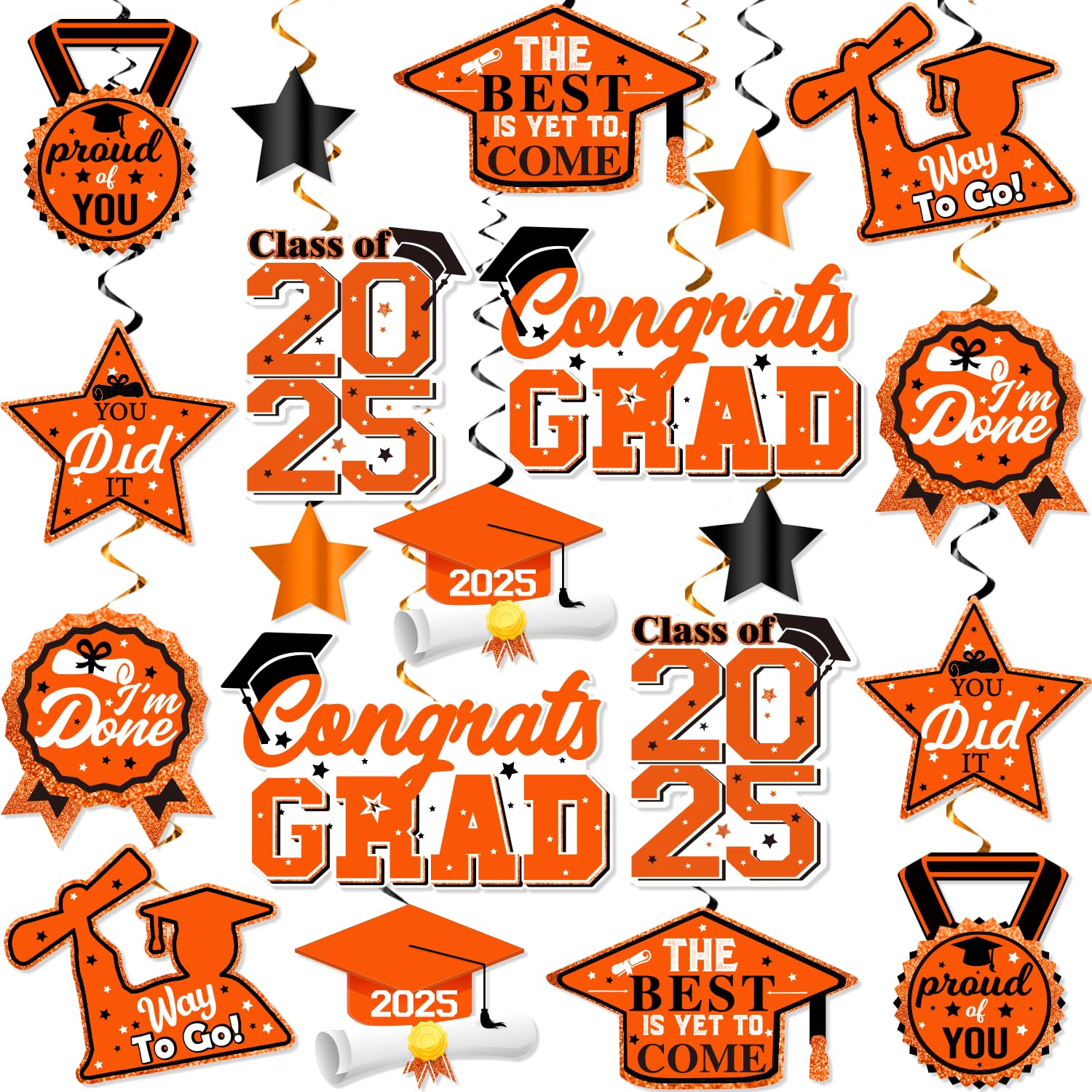 40Pcs Orange Graduation Party Decorations 2025 - Hanging Swirls for Graduation Ceremony, Congrats Grad Orange and Black Decor - Perfect for Graduation Parties, School Events & Photo Backdrops