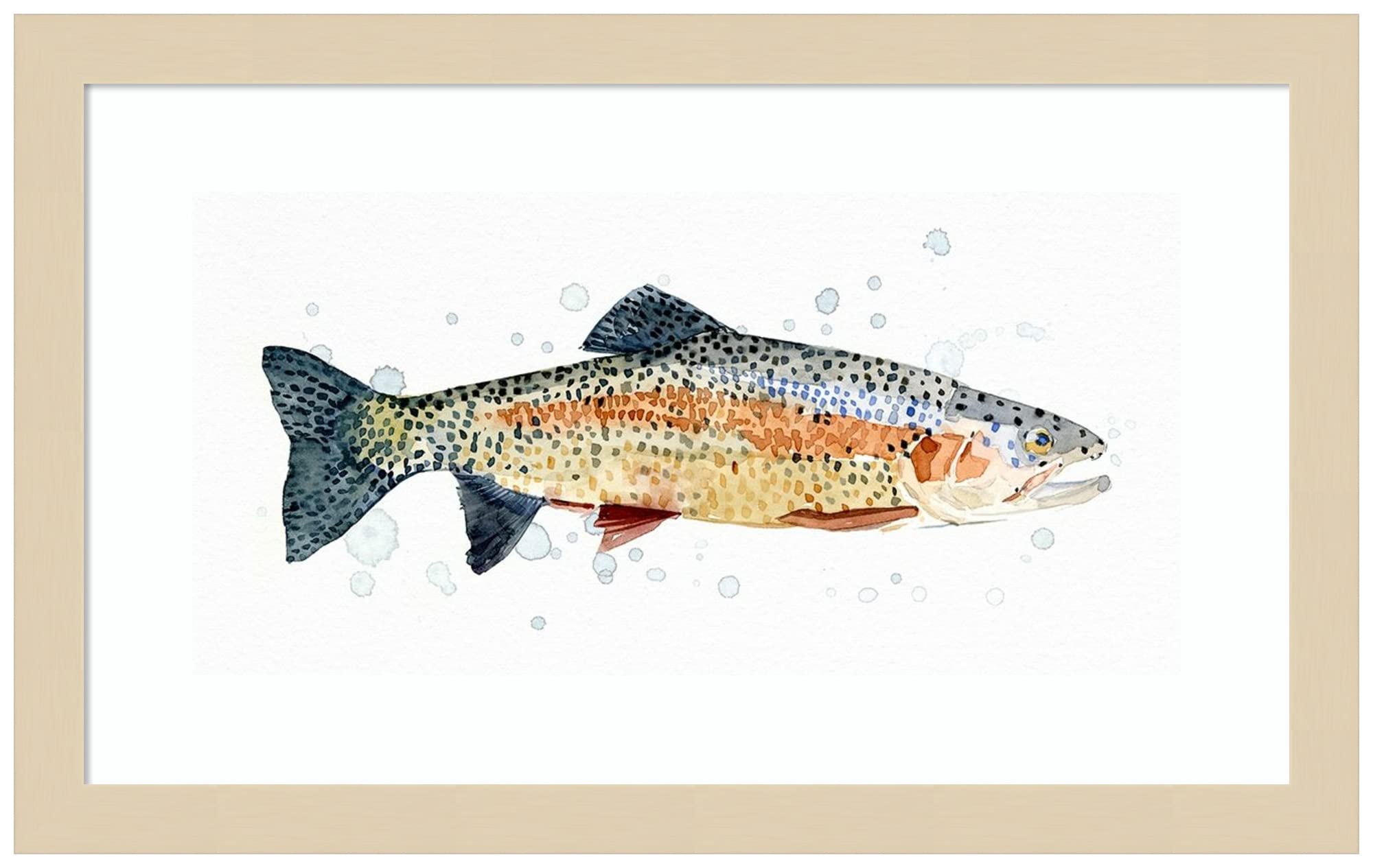 Emma Caroline Watercolor Rainbow Trout Wall Art Print - 17x11 Inches Wood Framed Nature Painting, Svelte Natural Frame - Perfect for Living Room, Bedroom, or Office Decor