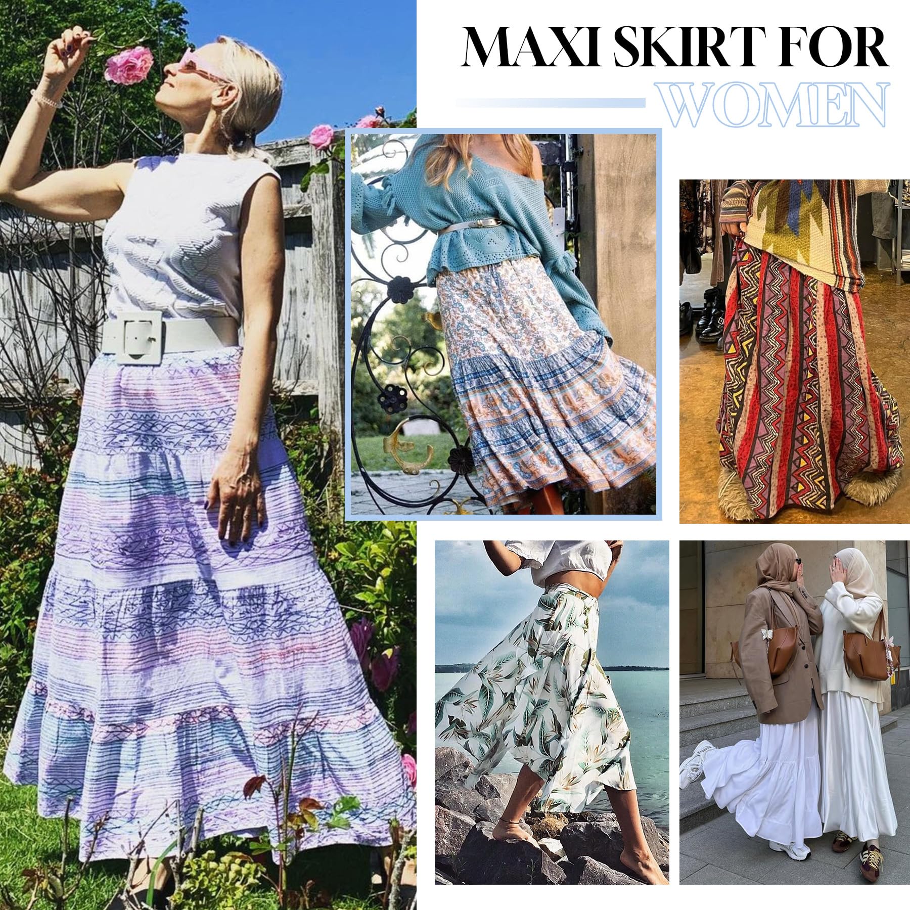 Zando Women's High Waisted Maxi Skirt - Trendy Floral Print Stretchy Flared Long Skirt for Casual Wear, Workout & Office | Perfect for Summer Outfits, Beach Vacations and Date Nights