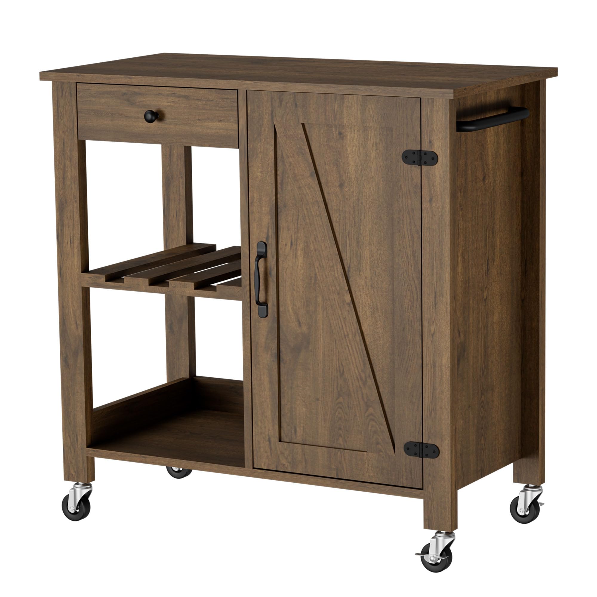 Cozy Castle Kitchen Island with Drawer - Rolling Mobile Kitchen Storage Cabinet on Wheels, Adjustable Shelf & Lockable Casters - Rustic Brown Kitchen Island with Barn Doors & Towel Rack for Small Spaces, Apartments & Open Concept Kitchens