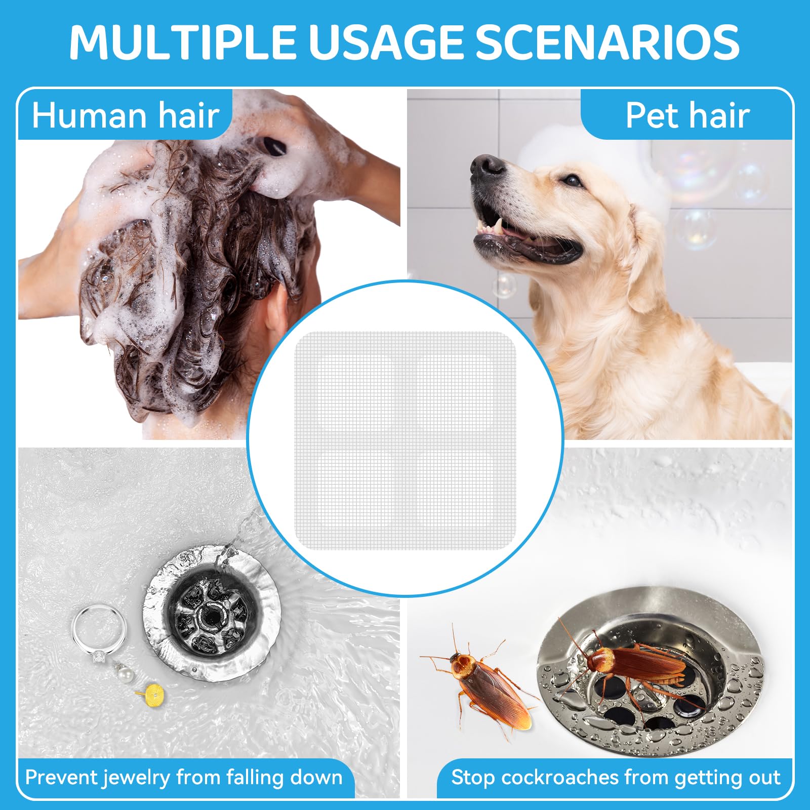 30 Pack Disposable Shower Drain Hair Catchers - Mesh Stickers for Bathroom, Washbasin, Bathtub & Kitchen Sink - Effective for Human and Pet Hair - Perfect for Home Cleaning and Hair Clog Prevention