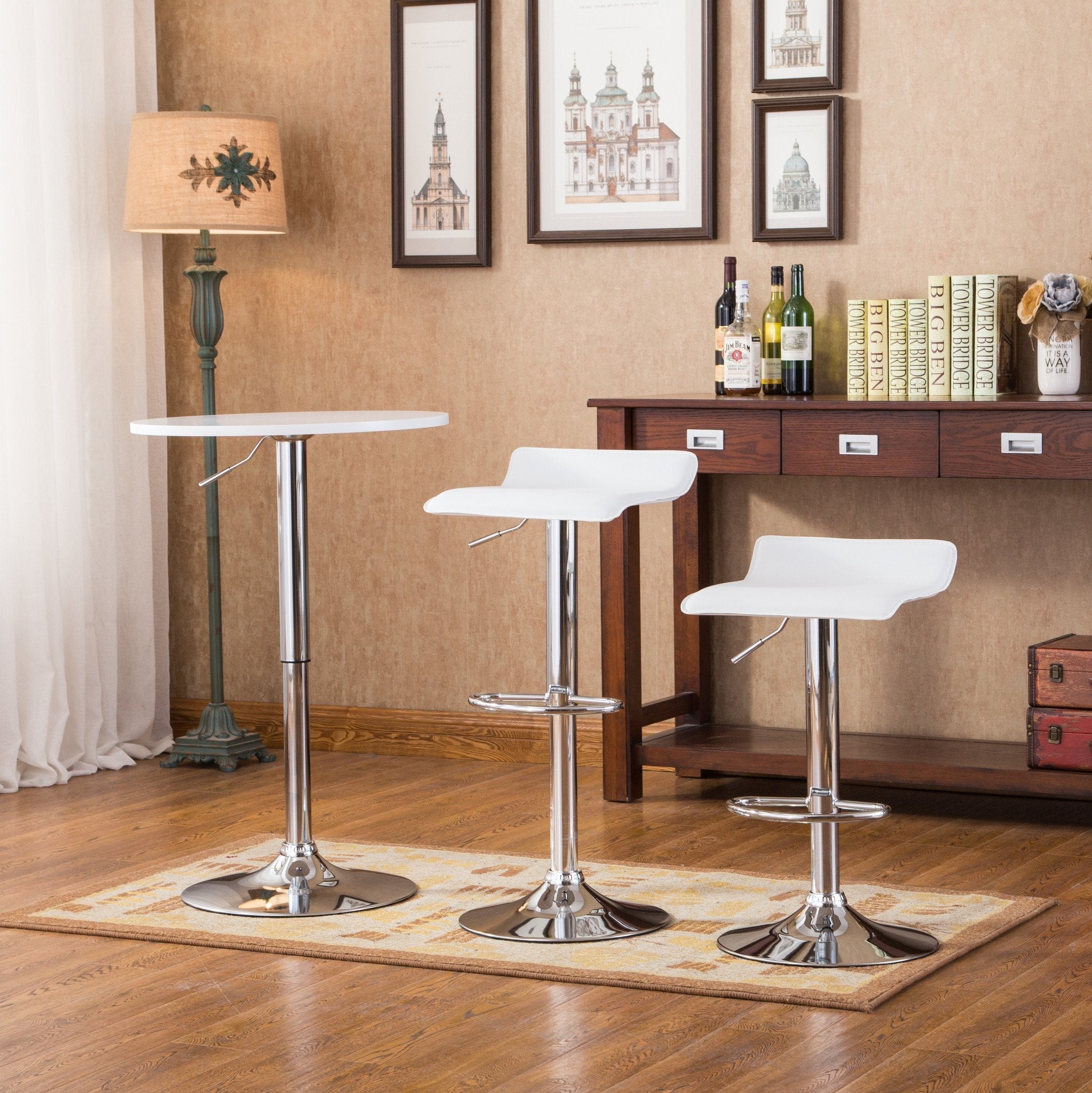 Baxton Adjustable Height Wood & Chrome Metal Bar Table with 2 Air Lift Swivel Stools - Modern Kitchen Island & Breakfast Nook Set for Home & Office