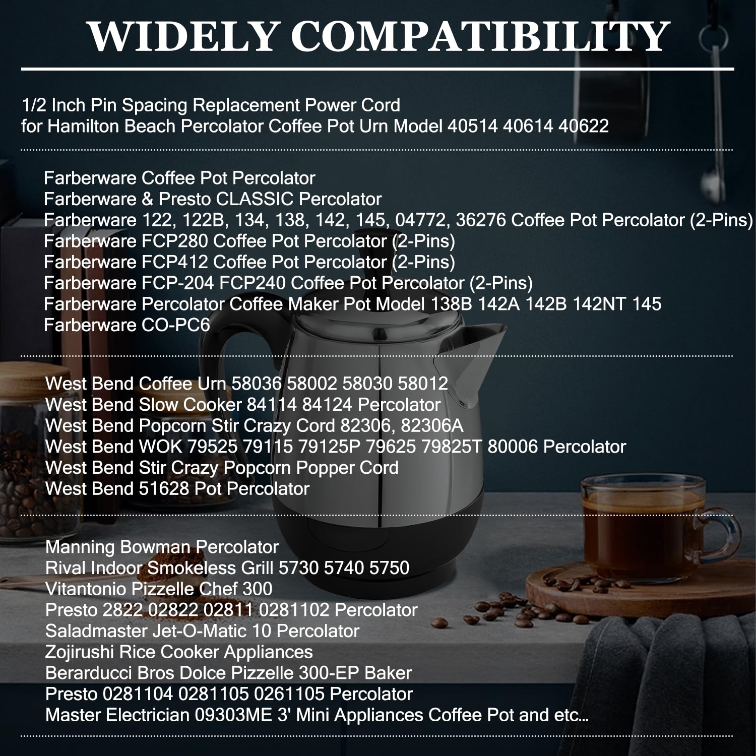 HASMX 6ft Replacement Power Cord for West Bend Coffee Urn 58030 & 58012 - 2 Pin 1/2 Inch Spacing Electric Cord - Compatible with Rice Cookers, Slow Cookers & Small Appliances - Perfect for Home & Office Use