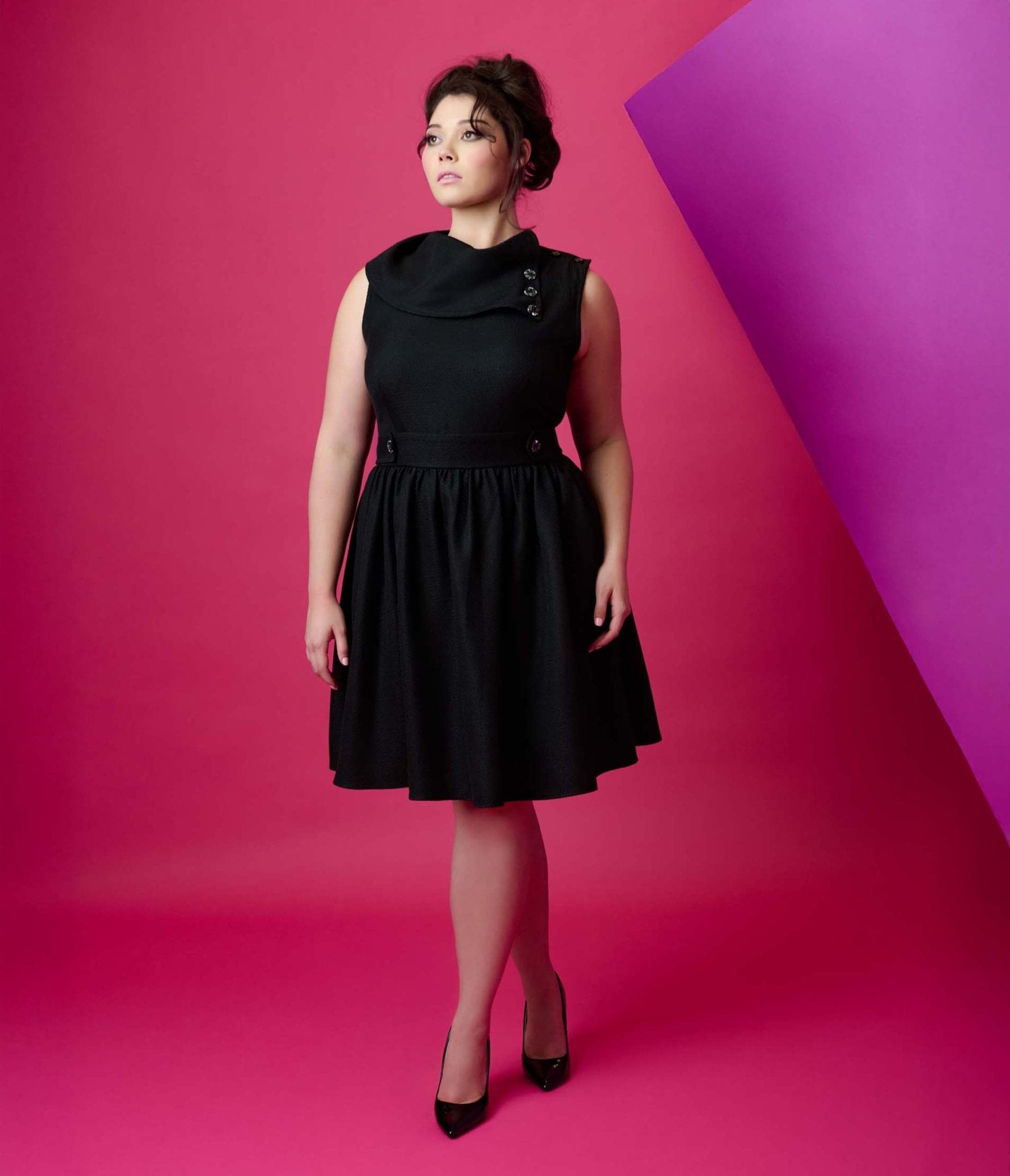 Smak Parlour Plus Size Black Tweed Funnel Neck Fit & Flare Dress for Women | Elegant Office Wear & Cocktail Party Outfit