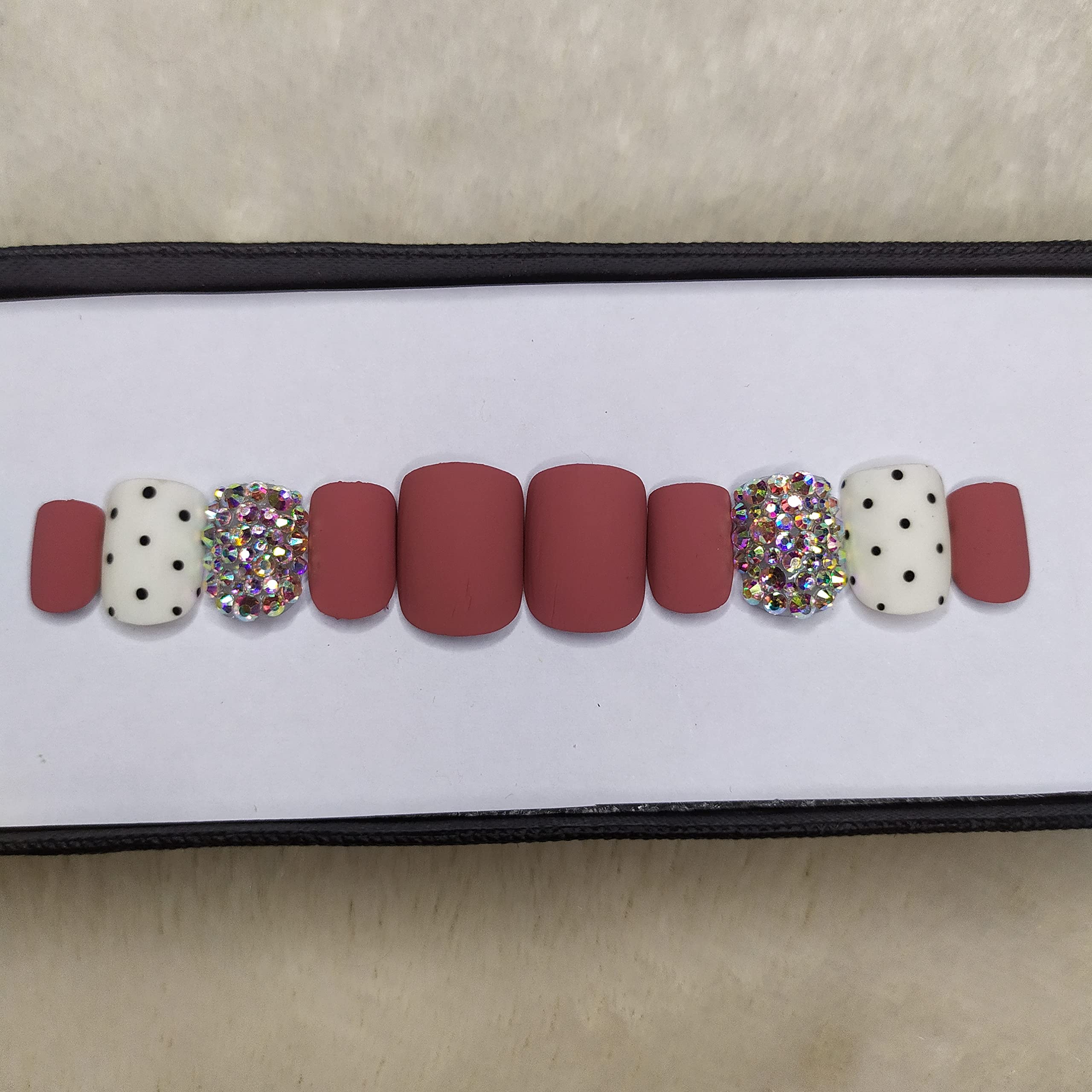 Matte Rose Black Dots Studded Press on Fake Nails - Square Artificial Nails with Complete Application Kit (20 Nails) | Perfect for Parties, Weddings & Special Occasions