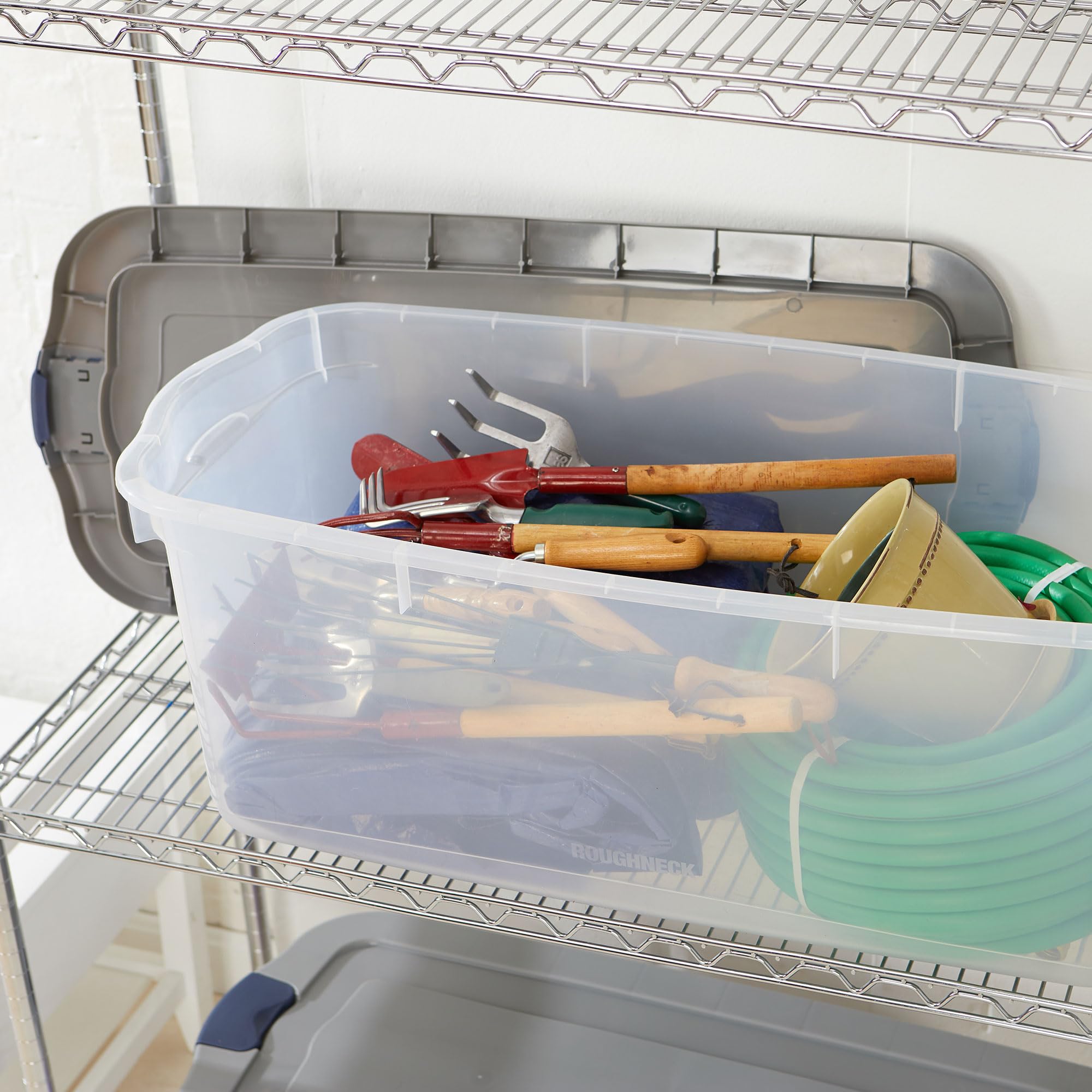 Rubbermaid 1785786 Clear 95-Quart Roughneck Storage Tote Boxes, 4-Pack - Durable Plastic Bins for Home Organization, Garage Storage & Moving Supplies