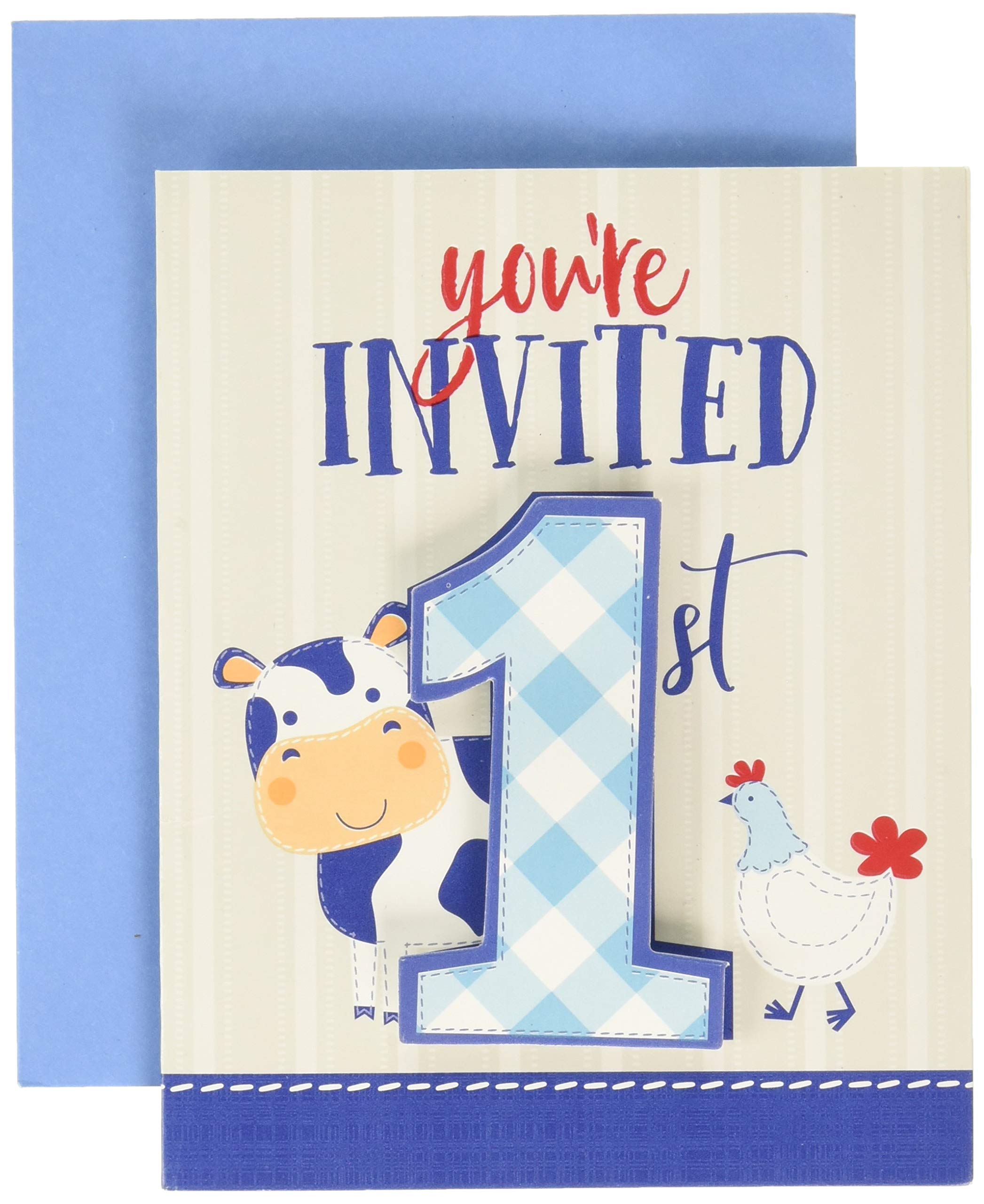Creative Converting 340138 Barn Animals 1st Birthday Blue Invitation Card Foldover - Perfect for Farm-Themed Birthday Parties, Baby Showers & Special Events